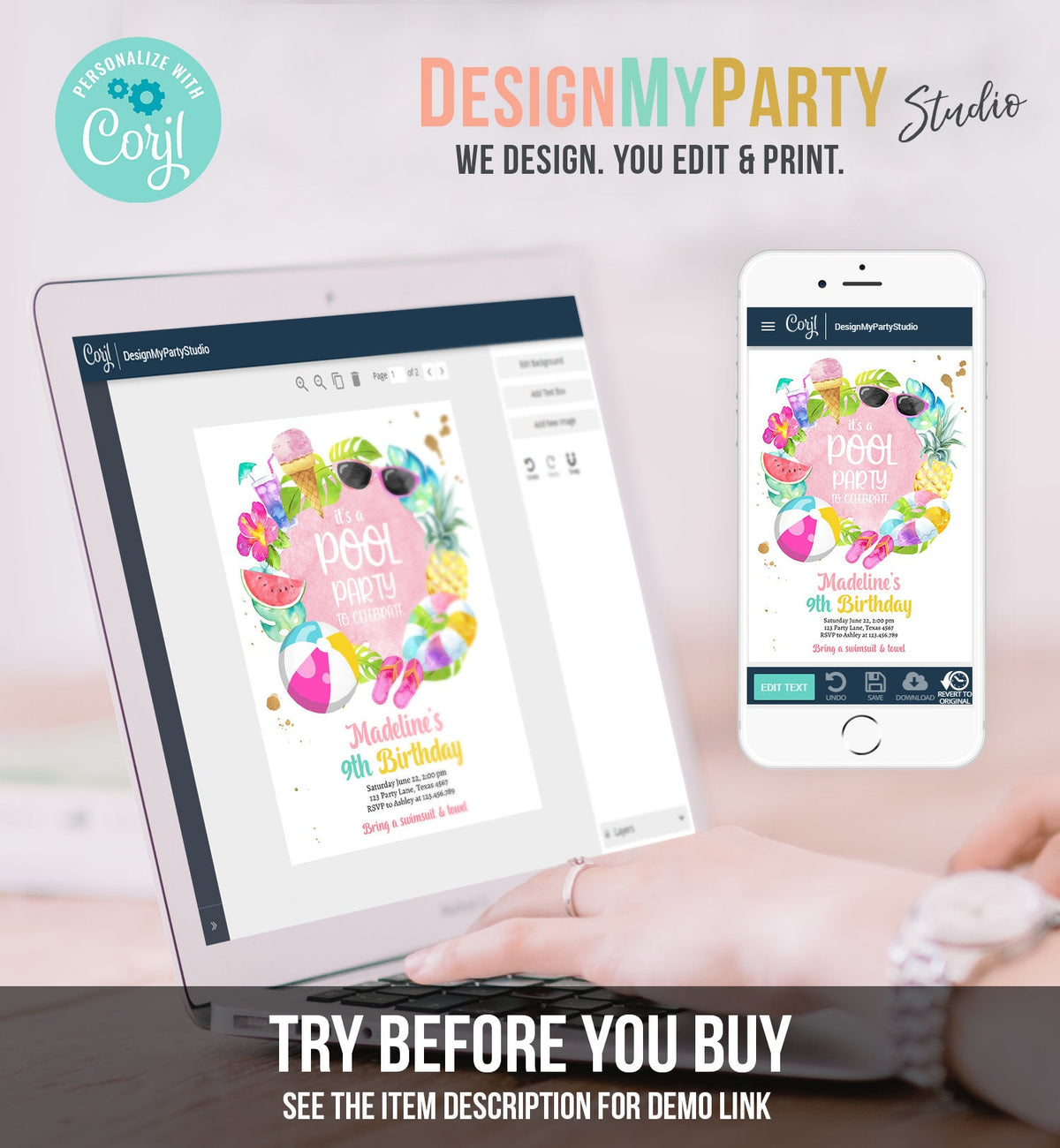 Editable Tropical Pool Party Birthday Invitation Splish Splash Birthday Bash Girl Pineapple Digital Download Template Printable 0414
