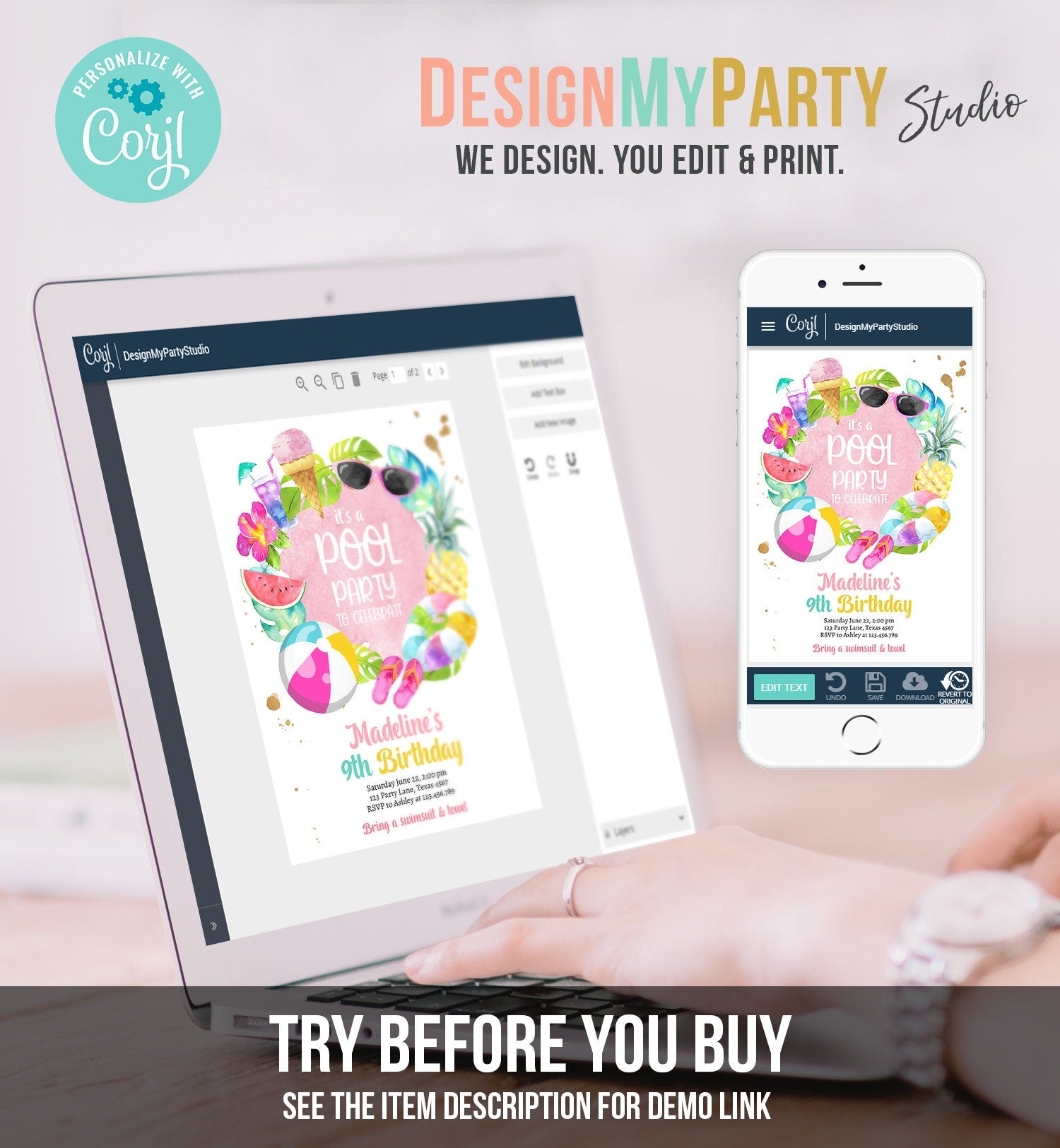 Editable Tropical Pool Party Birthday Invitation Splish Splash Birthday Bash Girl Pineapple Digital Download Template Printable 0414