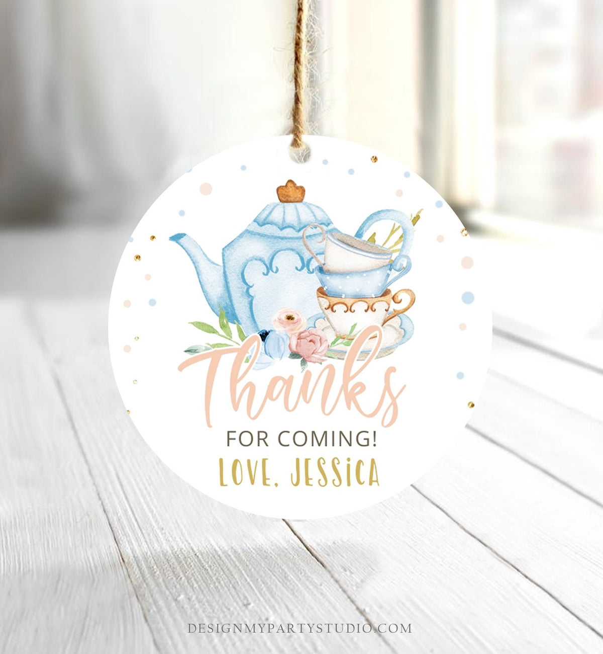 Editable Tea Party Favor Tag Sticker Baby Shower Baby is Brewing Floral Blue Whimsical Girl Square Round Digital Template Printable 0349
