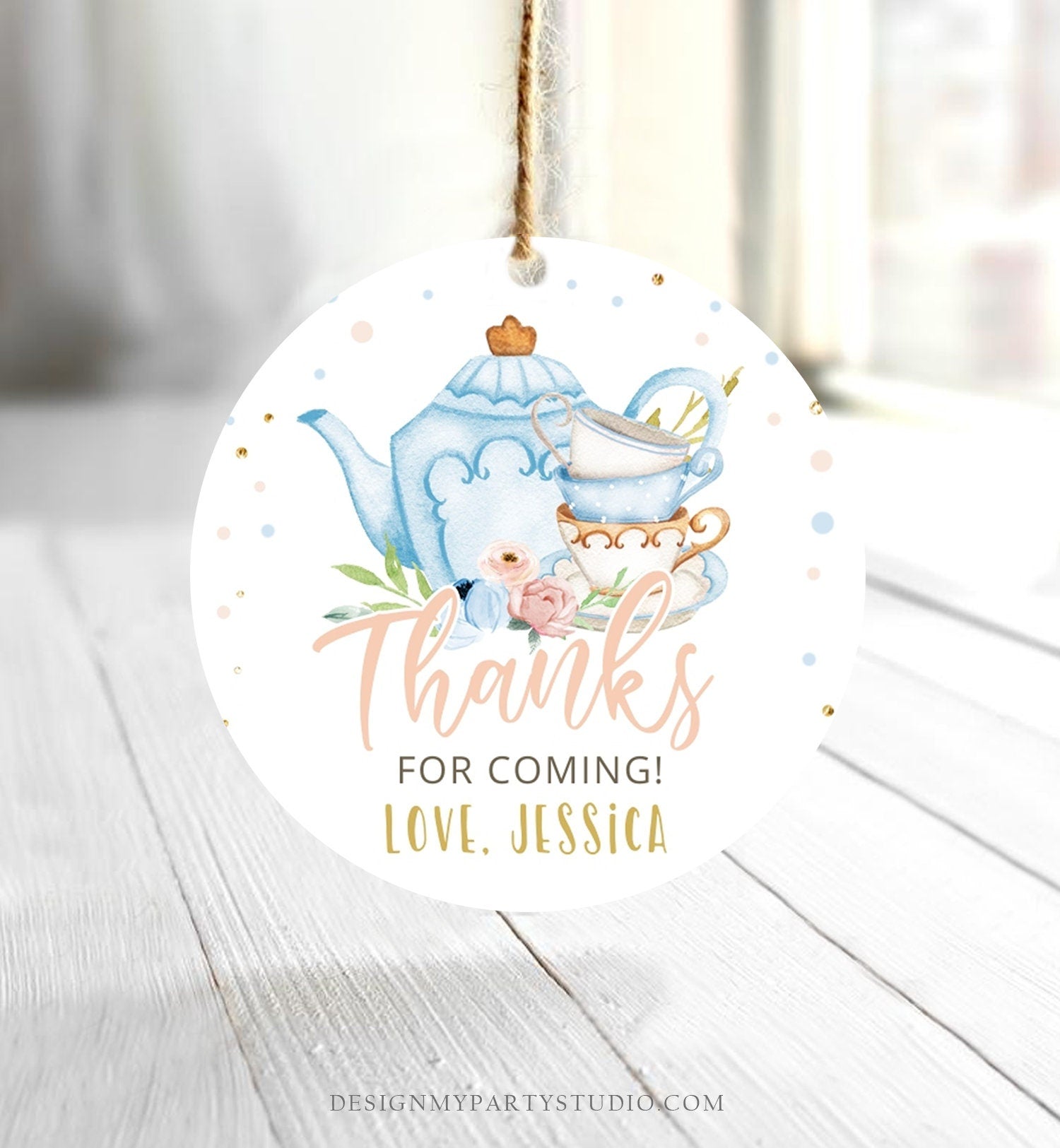 Editable Tea Party Favor Tag Sticker Baby Shower Baby is Brewing Floral Blue Gold Whimsical Girl Square Round Template Corjl Printable 0349