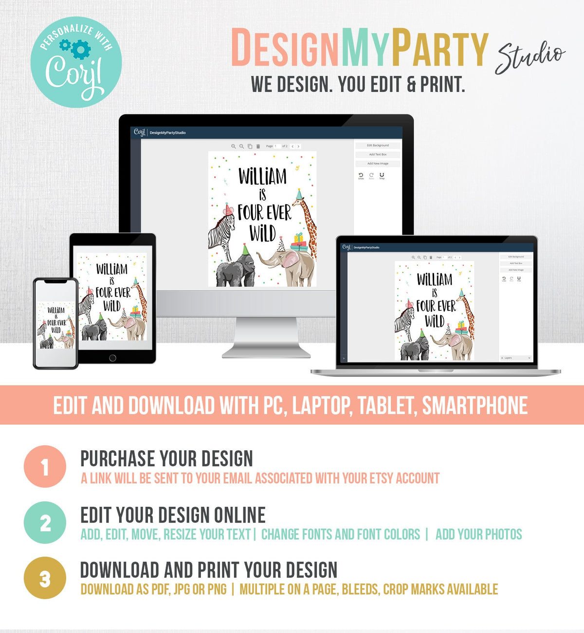 Editable Four Ever Wild Birthday Sign Safari Animals Zoo Jungle Party Wild Animals Party Fourth Birthday 4th Digital Template Printable 0142