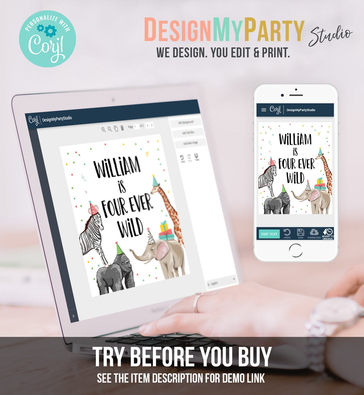 Editable Four Ever Wild Birthday Sign Safari Animals Zoo Jungle Party Wild Animals Party Fourth Birthday 4th Digital Template Printable 0142