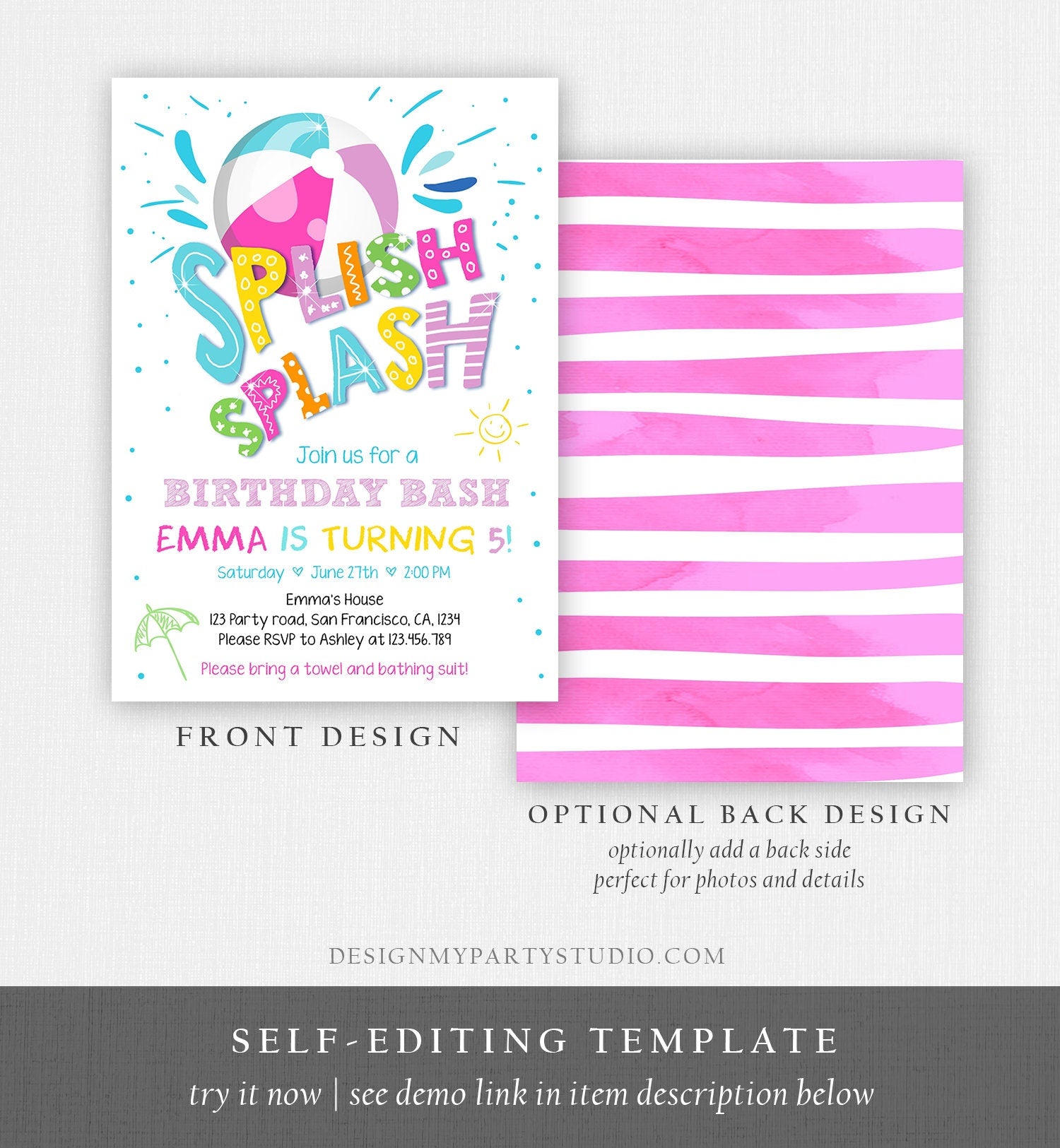 Editable Splish Splash Birthday Invitation Pool Party Boy Beach Ball Blue Green Birthday Bash Download Printable Invite Template Corjl 0169