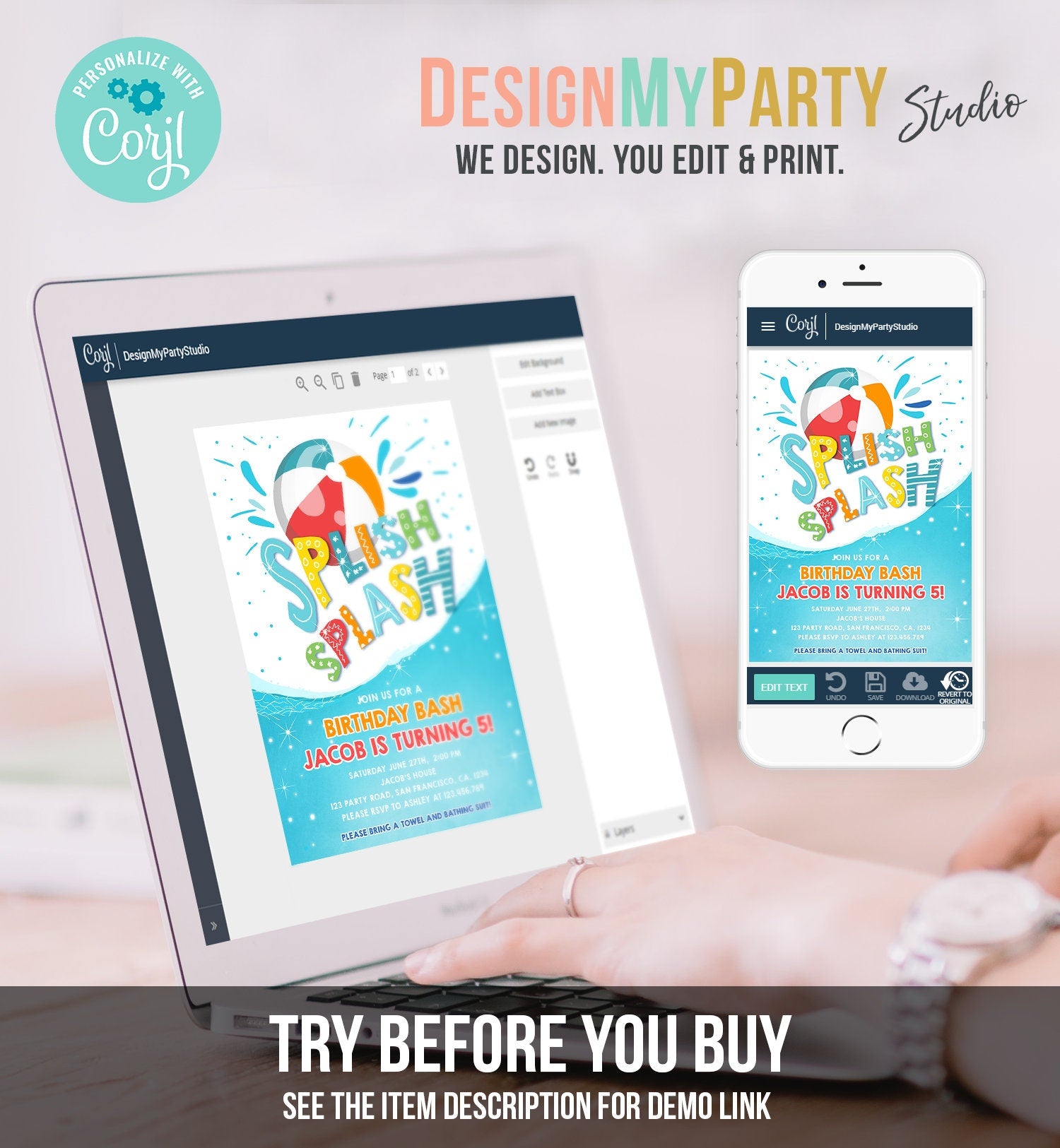 Editable Splish Splash Birthday Invitation Pool Party Boy Beach Ball Blue Green Birthday Bash Digital Download Template Printable 0169