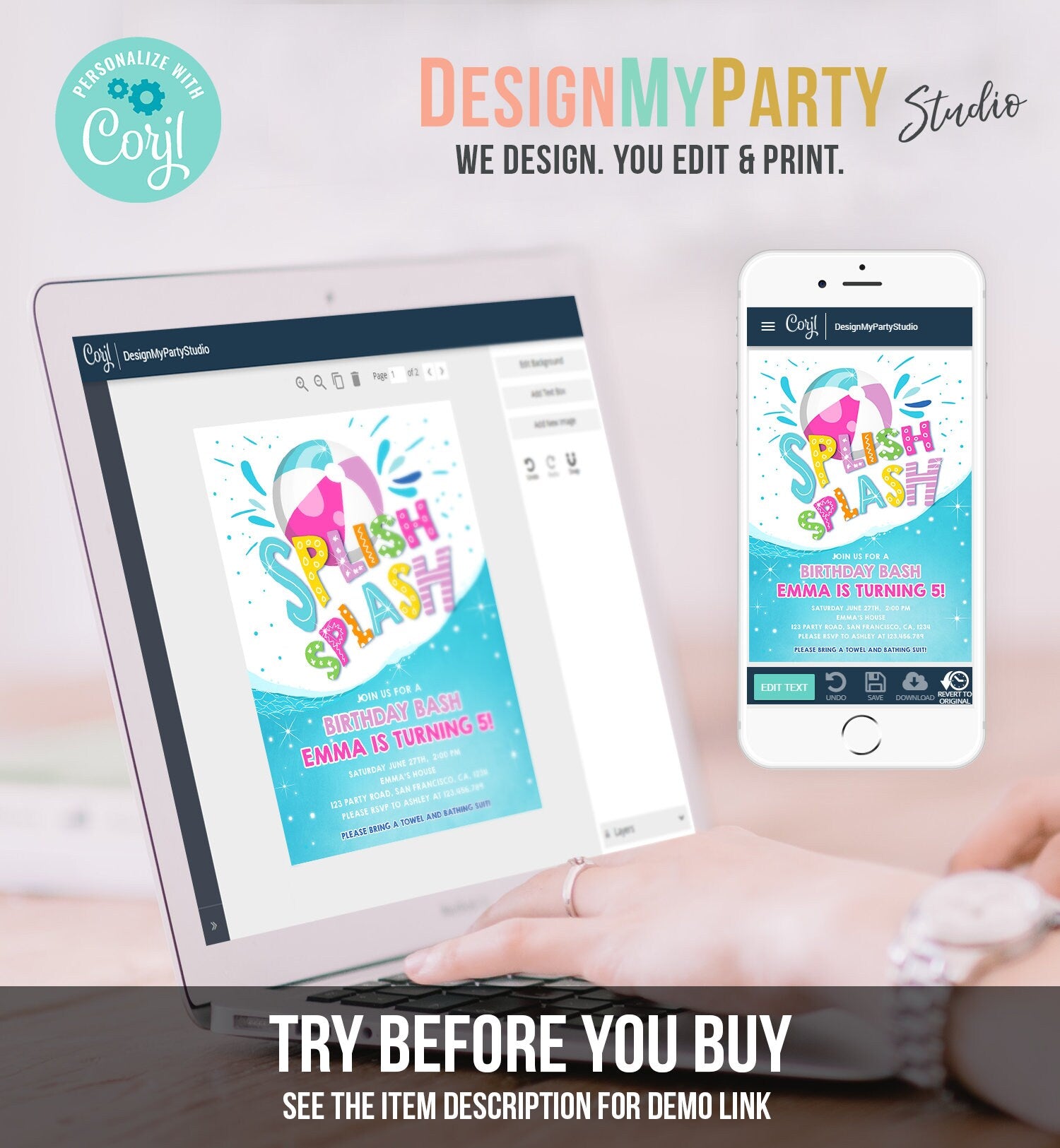 Editable Splish Splash Birthday Invitation Pool Party Boy Beach Ball Blue Green Birthday Bash Digital Download Evite Template Printable 0169