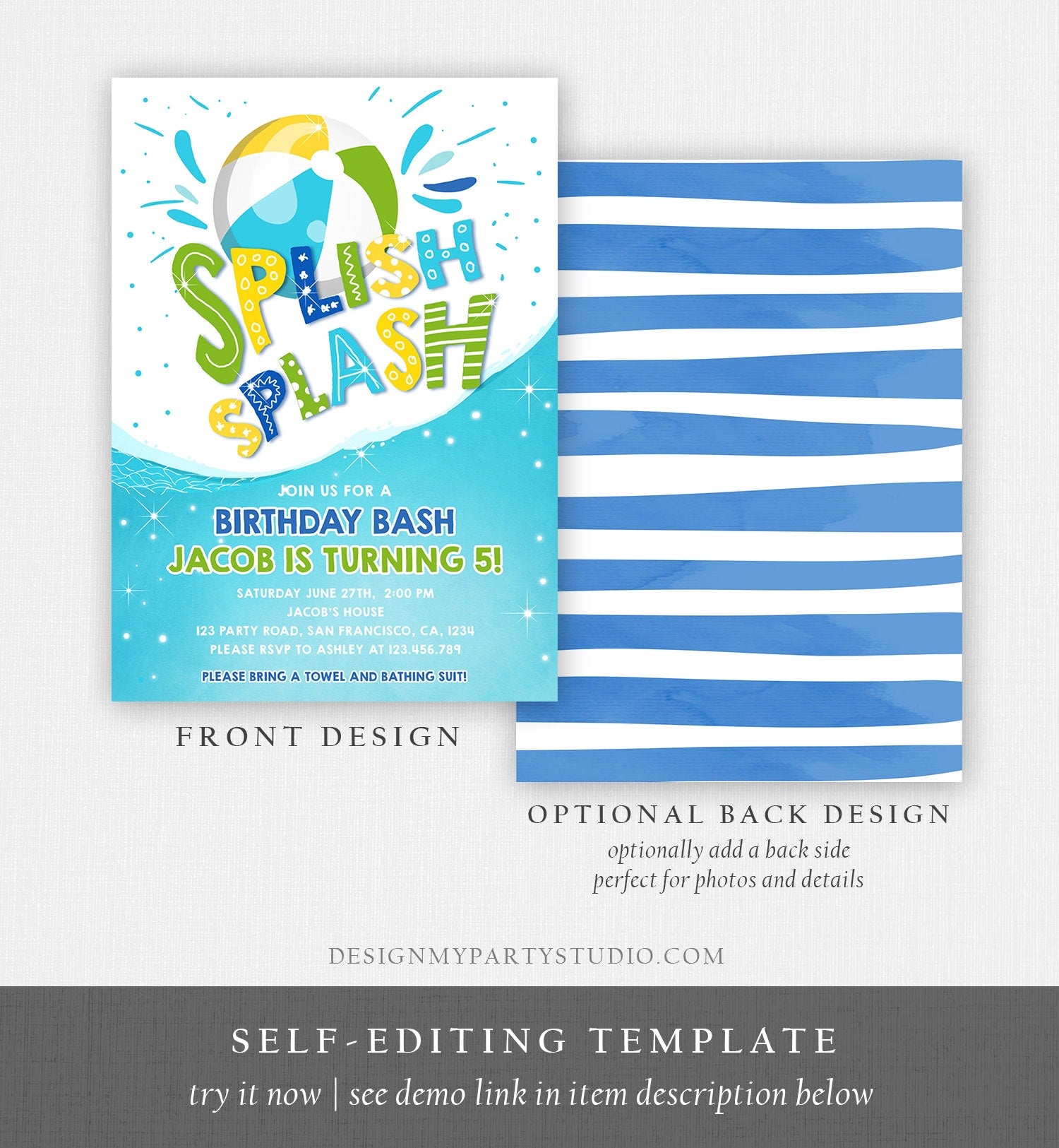 Editable Splish Splash Birthday Invitation Pool Party Boy Beach Ball Blue Green Birthday Bash Download Printable Invite Template Corjl 0169