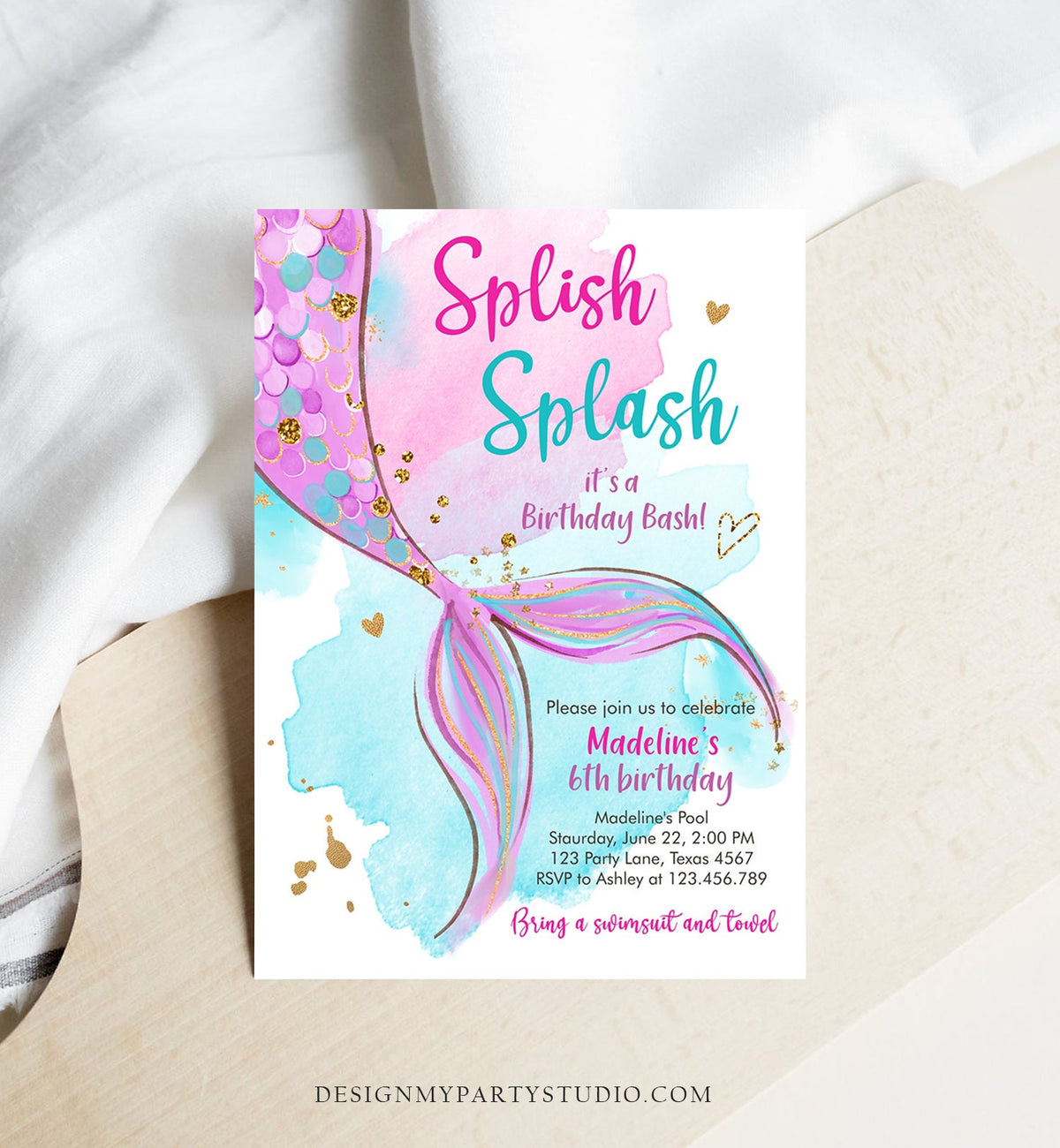 Editable Mermaid Birthday Party Invitation Girl Pool Party Pink Purple Mermaid Birthday Under The Sea Download Evite Template Printable 0403