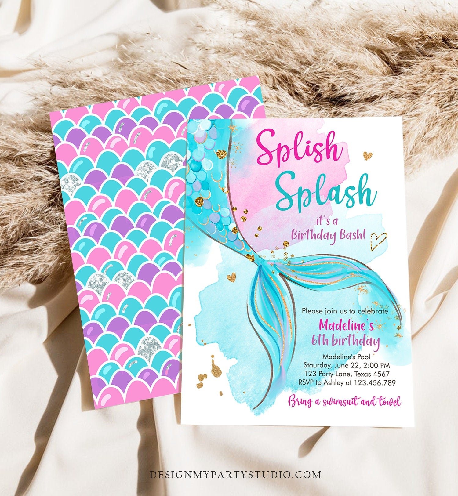 Editable Mermaid Birthday Party Invitation Girl Pool Party Pink Mermaid Birthday Under The Sea Digital Download Template Printable 0403