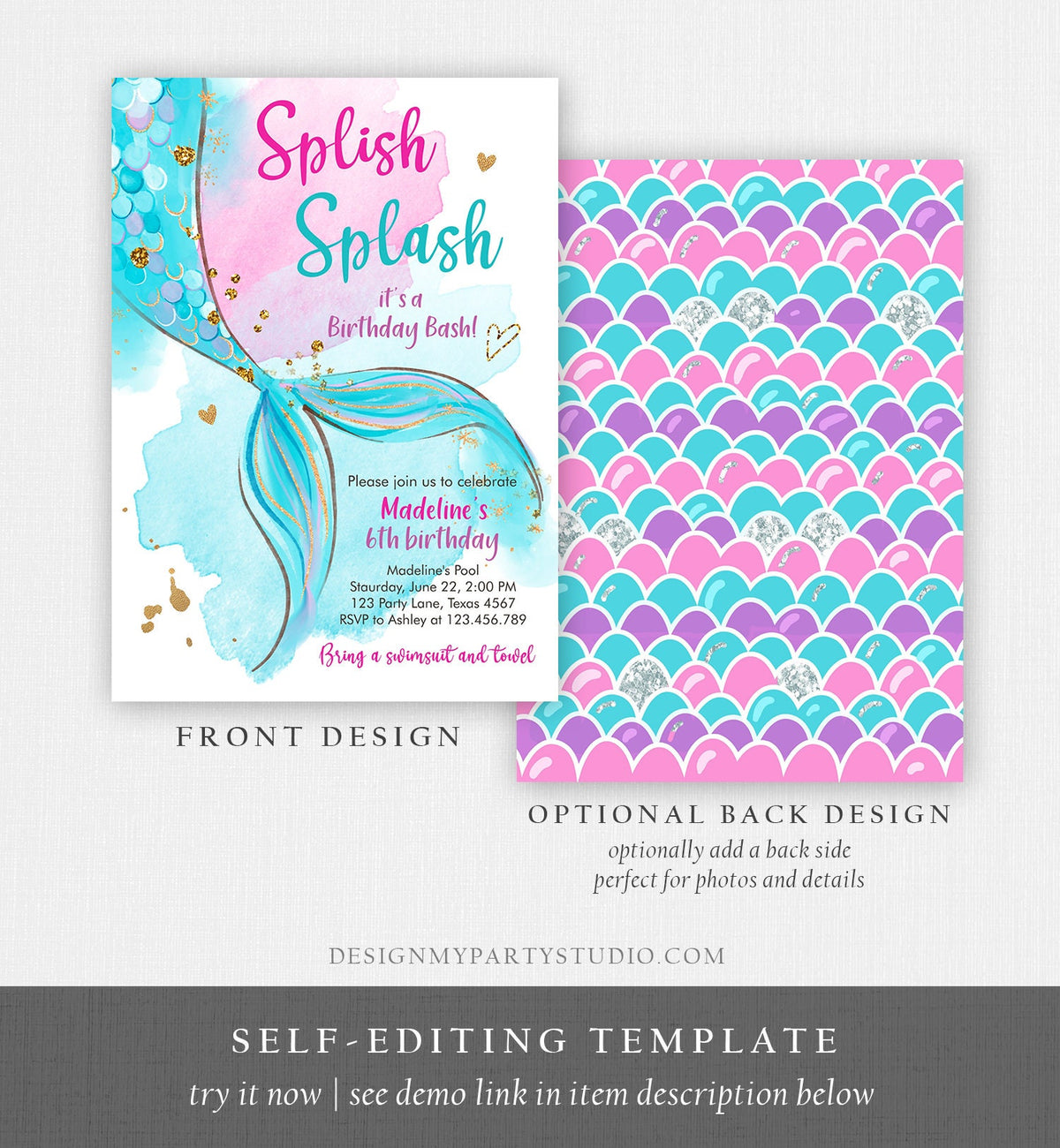 Editable Mermaid Birthday Party Invitation Girl Pool Party Pink Mermaid Birthday Under The Sea Digital Download Template Printable 0403