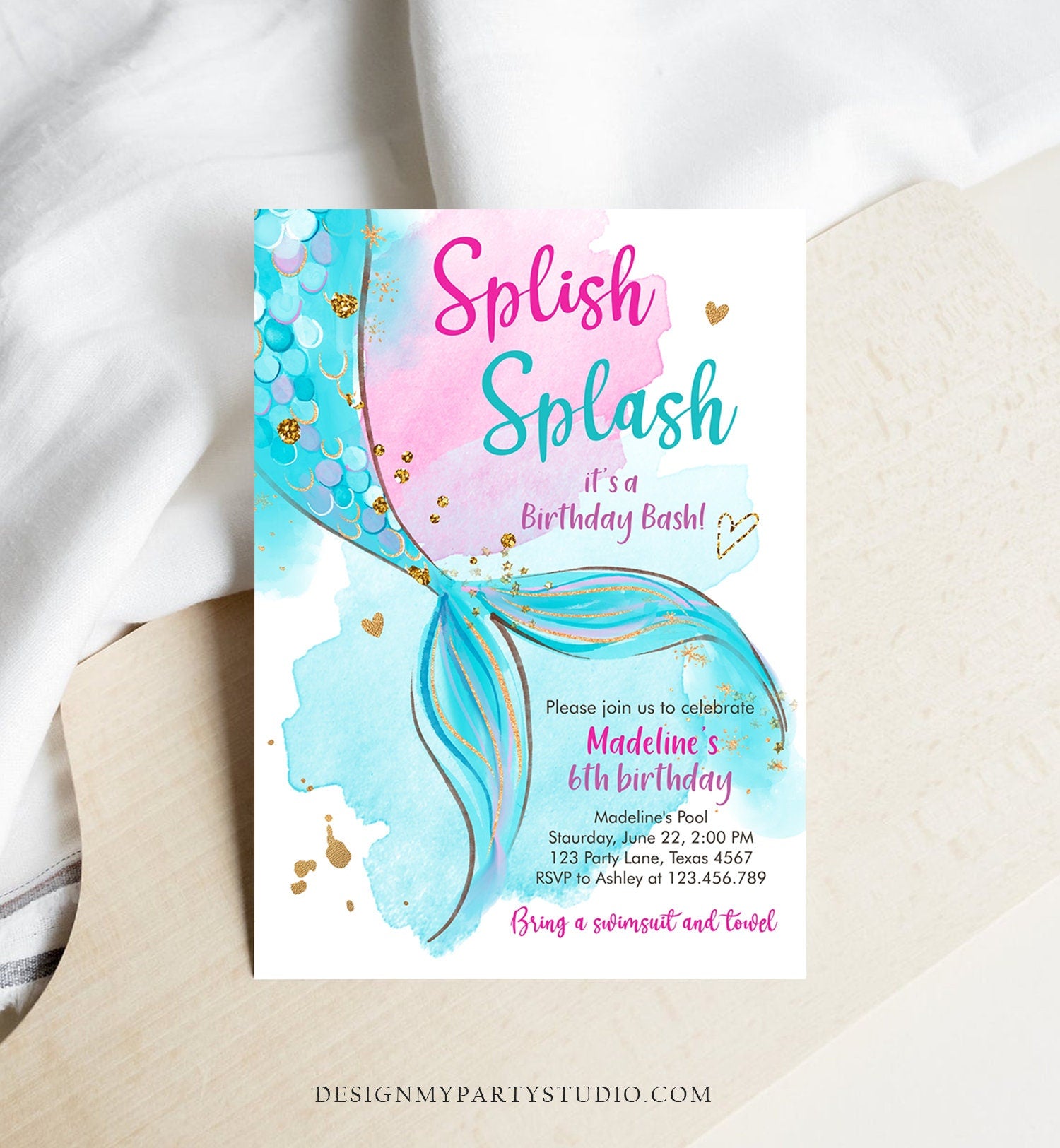 Editable Mermaid Birthday Party Invitation Girl Pool Party Pink Mermaid Birthday Under The Sea Digital Download Template Printable 0403