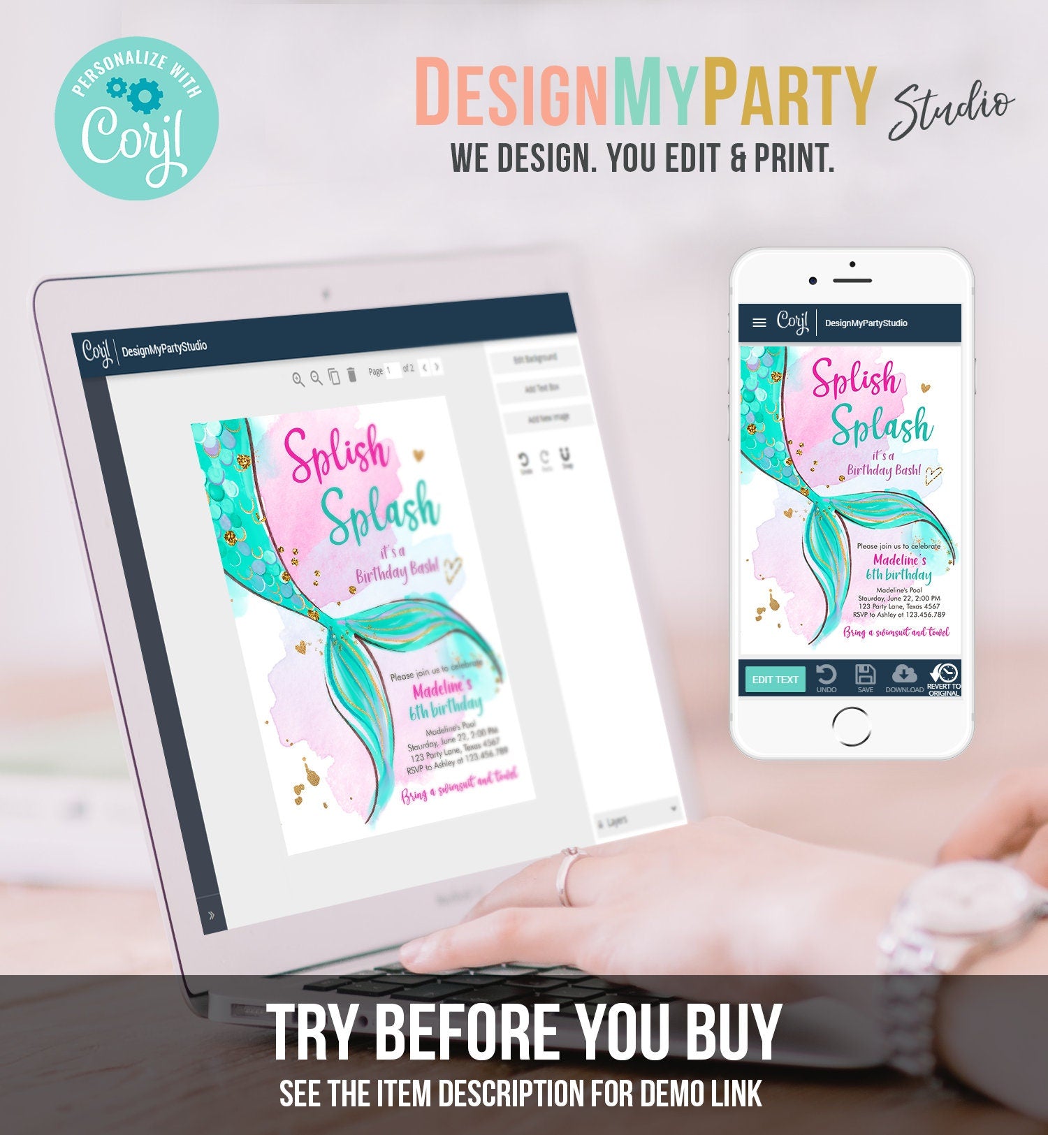 Editable Mermaid Birthday Party Invitation Girl Pool Party Pink Gold Mermaid Birthday Under The Sea Digital Download Template Printable 0403