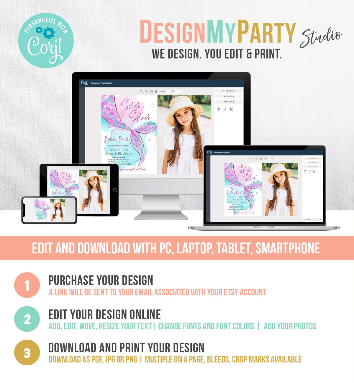 Editable Mermaid Birthday Party Invitation Girl Pink Purple Silver Mermaid Birthday Under The Sea Digital Download Template Printable 0403