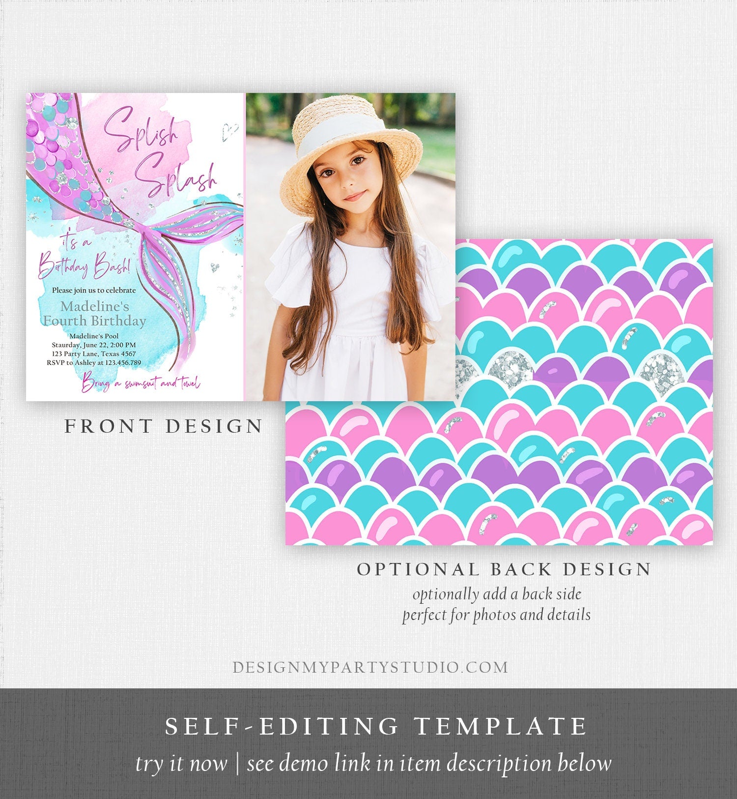 Editable Mermaid Birthday Party Invitation Girl Pink Purple Silver Mermaid Birthday Under The Sea Digital Download Template Printable 0403