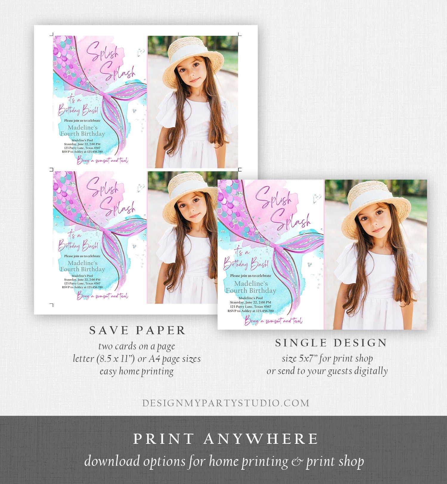 Editable Mermaid Birthday Party Invitation Girl Pink Purple Silver Mermaid Birthday Under The Sea Digital Download Template Printable 0403