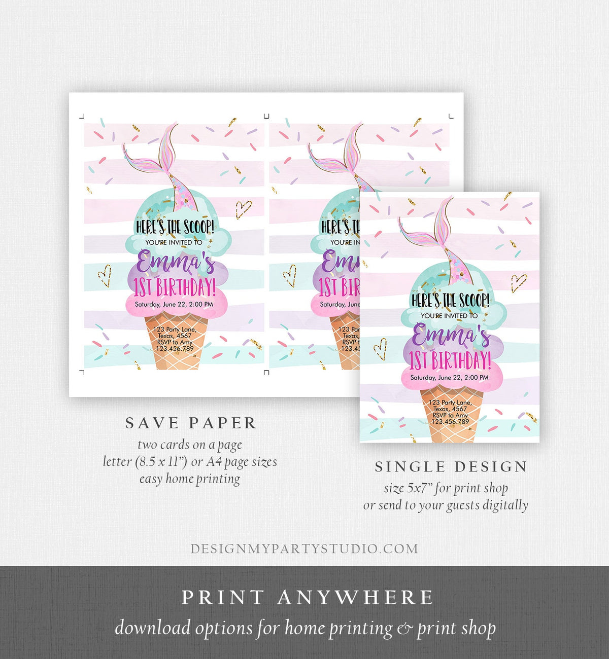 Editable Mermaid Ice Cream Birthday Invitation Under The Sea Here&#39;s the Scoop Cone Rainbow Ice Cream Party Printable Template Corjl 0243
