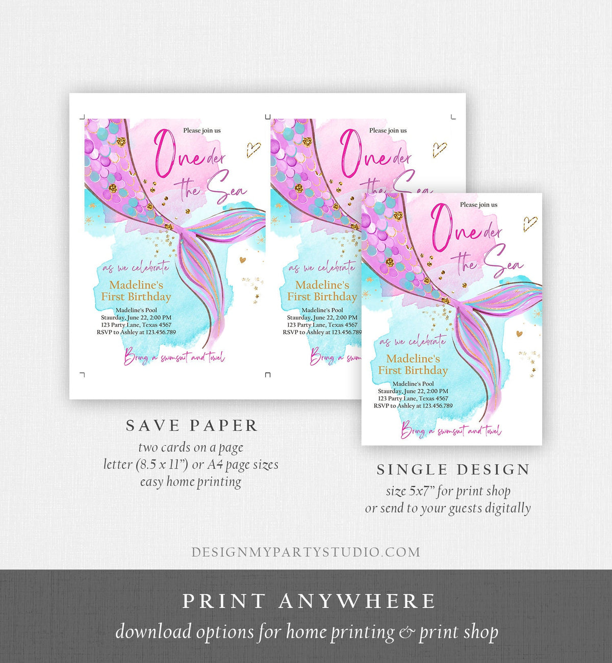 Editable ONEder the Sea Birthday Party Invitation Mermaid First Birthday Girl 1st Birthday Pink Gold Download Printable Template Corjl 0403