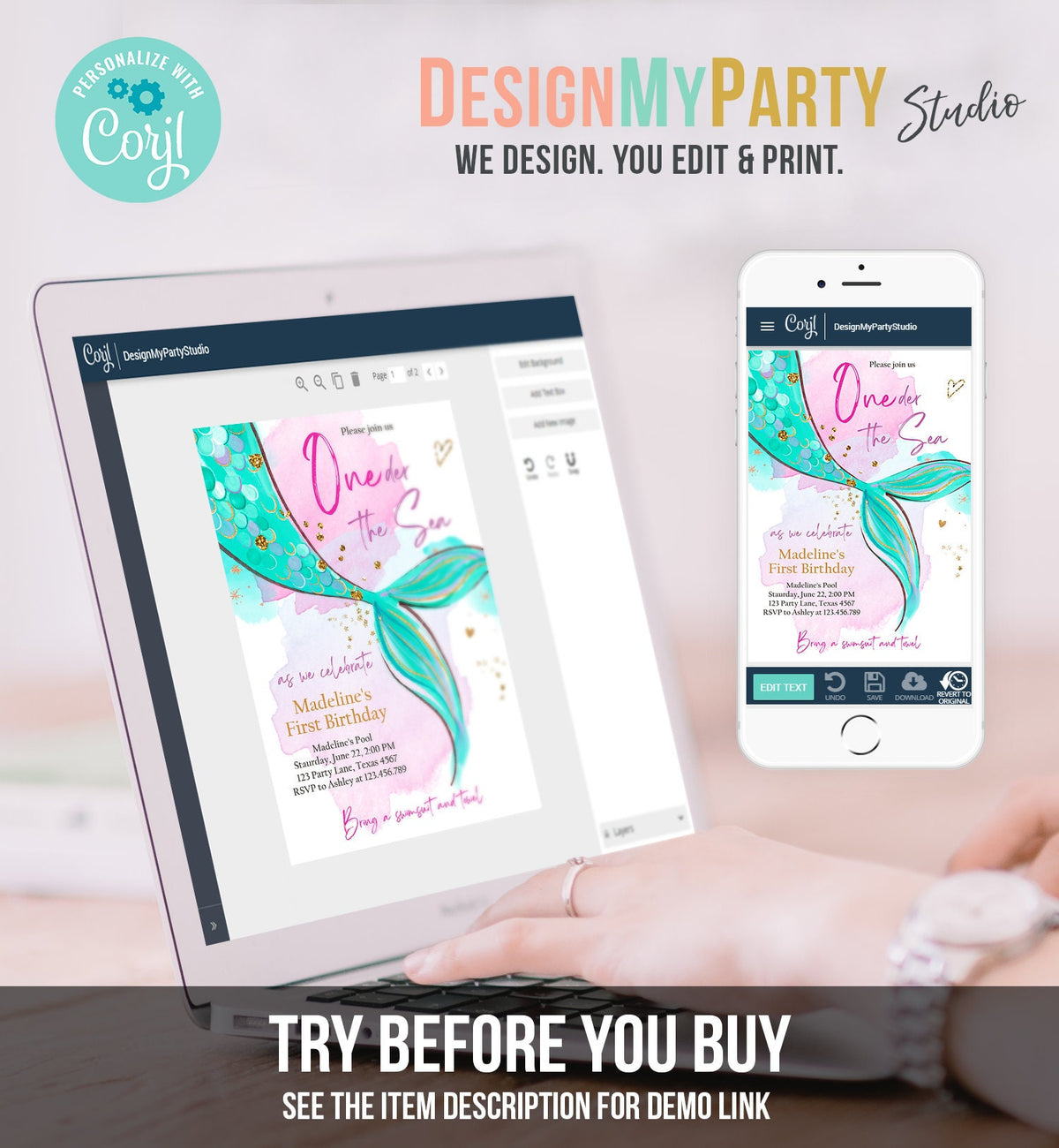 Editable ONEder the Sea Birthday Party Invitation Mermaid First Birthday Girl 1st Birthday Pink Gold Download Printable Template Corjl 0403