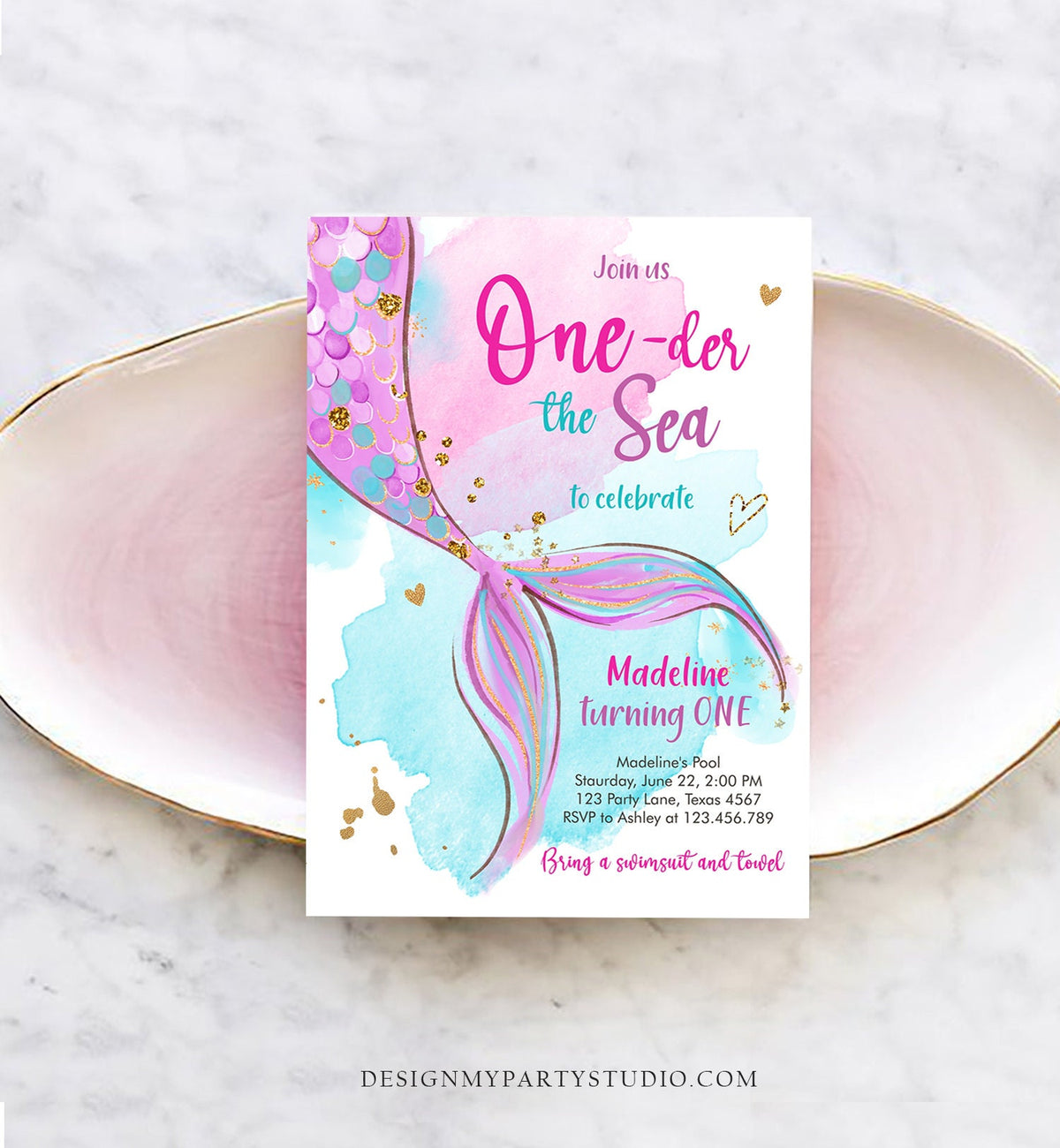 Editable ONEder the Sea Birthday Party Invitation Mermaid First Birthday Girl 1st Birthday Pink Gold Download Printable Template Corjl 0403
