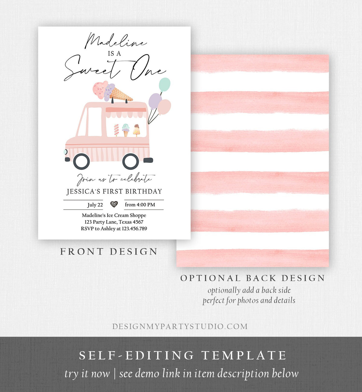 Editable Ice Cream Truck Birthday Invitation Ice Cream Sweet One Modern 1st Birthday Party First Download Printable Template Corjl 0415