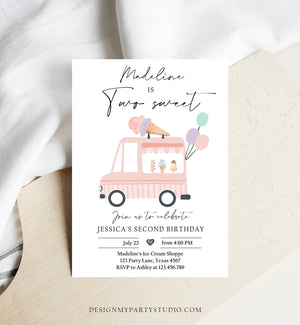 Editable Ice Cream Truck Birthday Invitation Ice Cream Two Sweet Modern 2nd Birthday Party Two Second Download Printable Template Corjl 0415