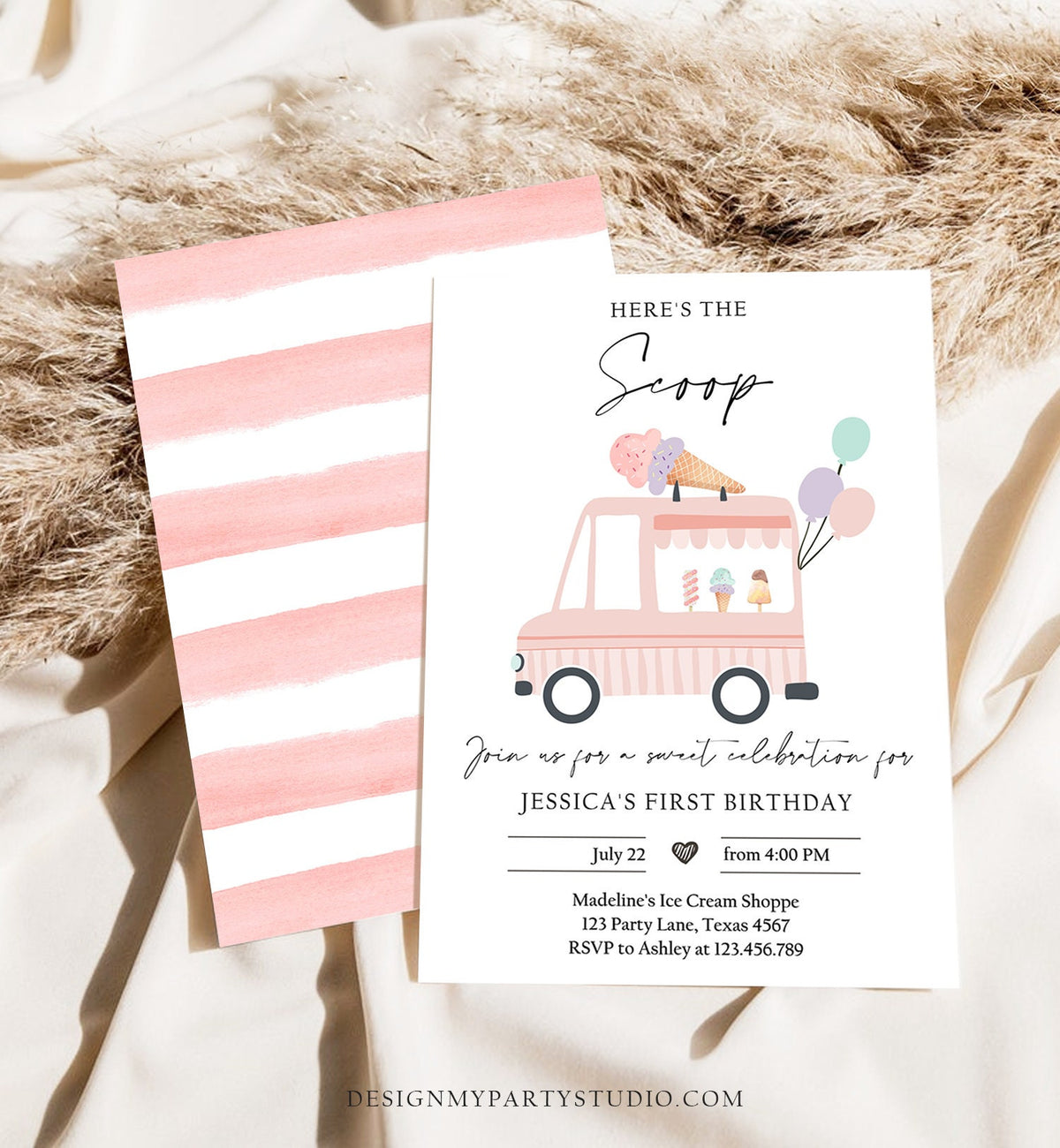 Editable Ice Cream Truck Birthday Invitation Ice Cream Truck Invite Modern Ice Cream Shoppe Van The Scoop Printable Template Corjl 0415