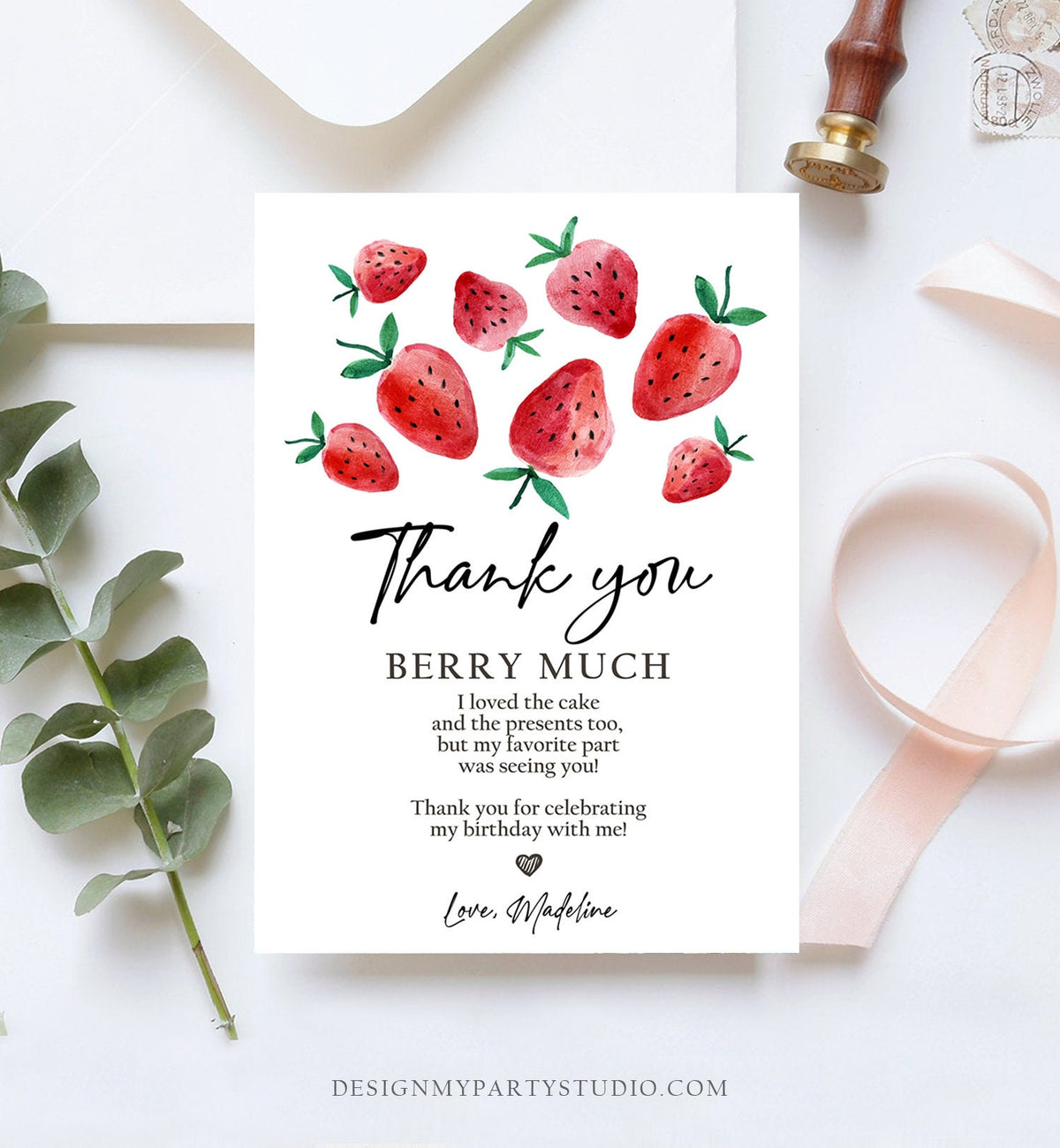 Editable Strawberry Thank You Card Strawberry Birthday First Berry Much Farmers Market Strawberries Digital Download Template Printable 0399