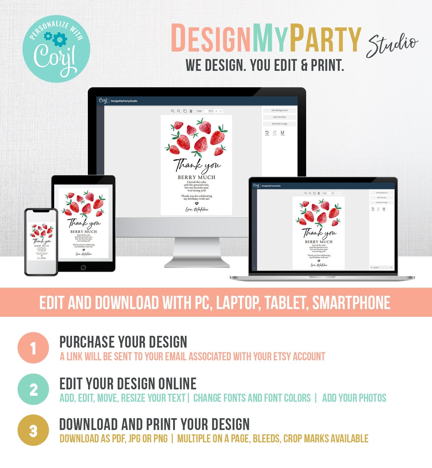 Editable Strawberry Thank You Card Strawberry Birthday First Berry Much Farmers Market Strawberries Digital Download Template Printable 0399