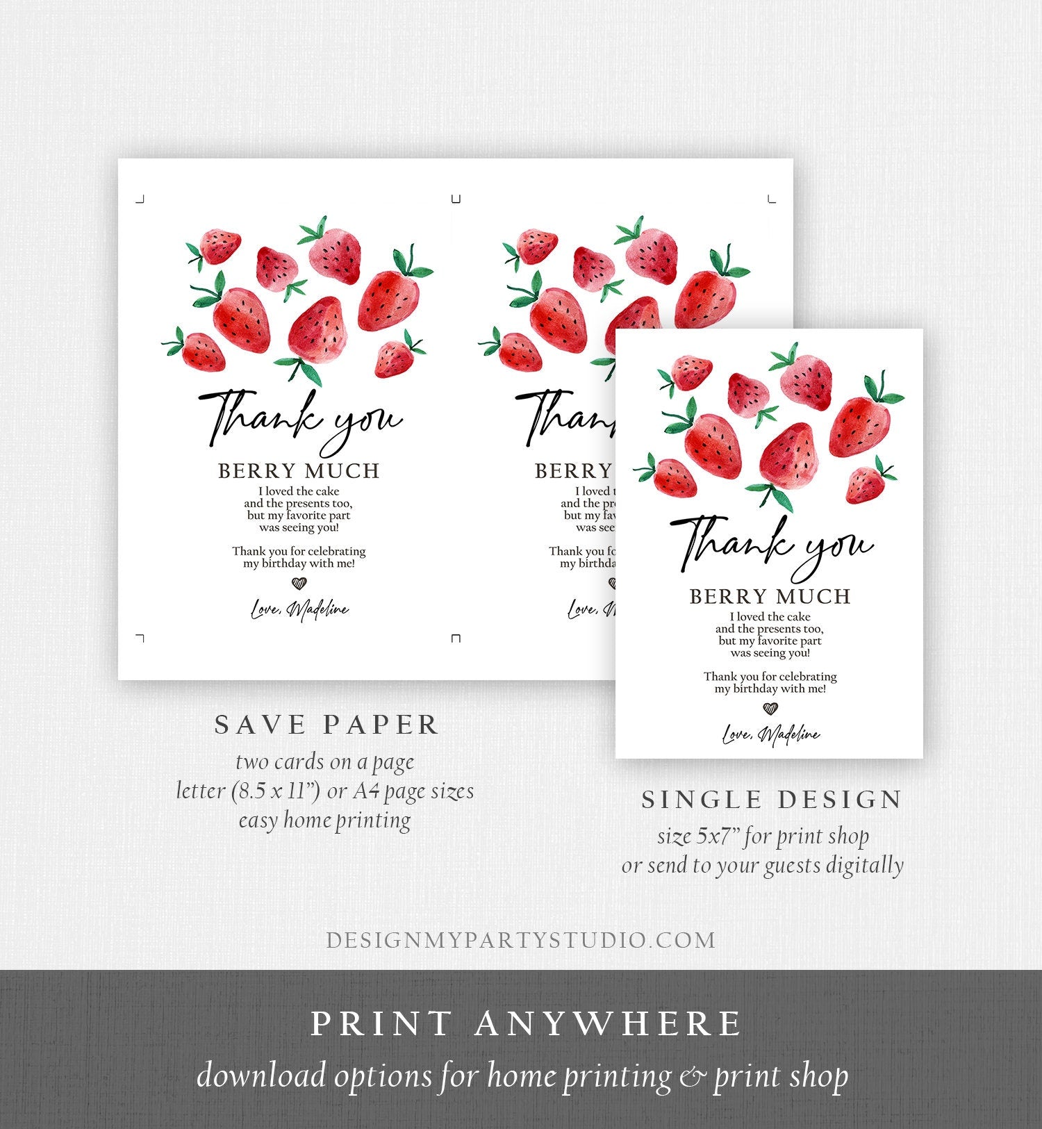 Editable Strawberry Thank You Card Strawberry Birthday First Berry Much Farmers Market Strawberries Digital Download Template Printable 0399