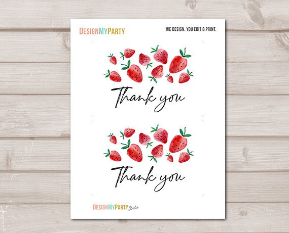 Strawberry Thank You Card Girl Strawberry Birthday Party Thank You Note Girl Berry Sweet Printable Download Digital Farmers Market 0399