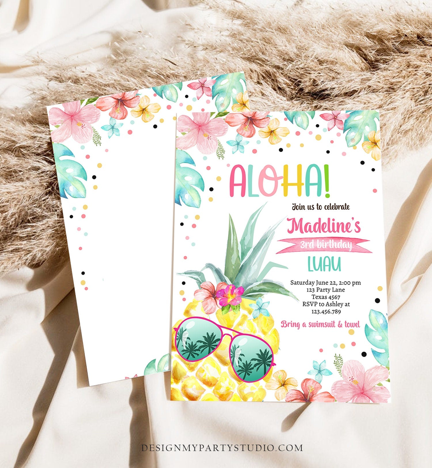 Editable Hawaiian Luau Birthday Invitation Pineapple Birthday Party Pool Party Pineapple Pink Girl Download Corjl Template Printable 0391