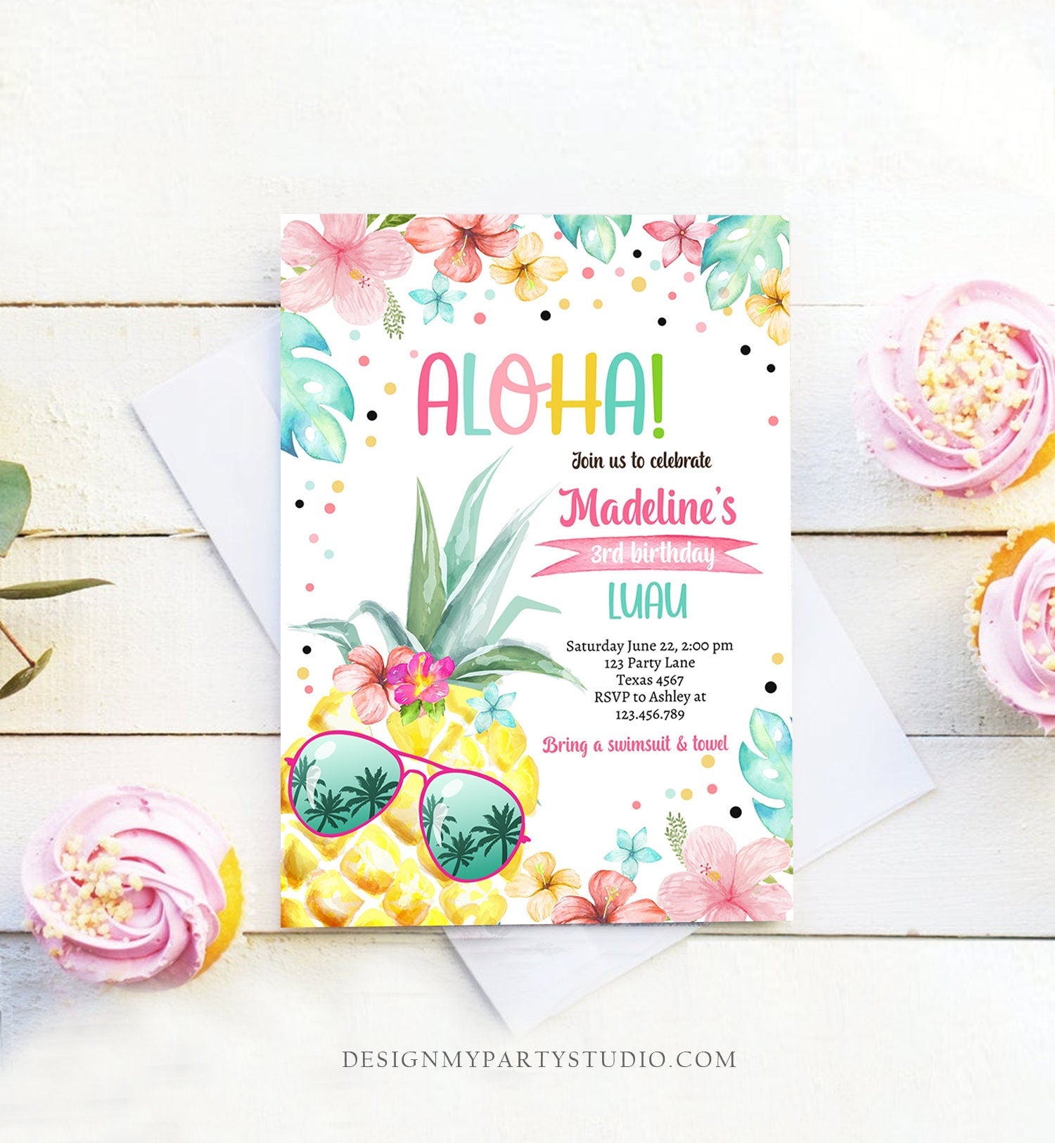 Editable Hawaiian Luau Birthday Invitation Pineapple Birthday Party Pool Party Pineapple Pink Girl Download Corjl Template Printable 0391