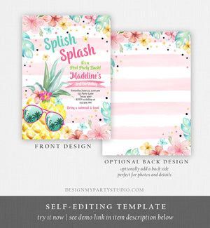 Editable Splish Splash Birthday Party Invitation Pineapple Birthday Pool Party Pineapple Pink Girl Download Corjl Template Printable 0391