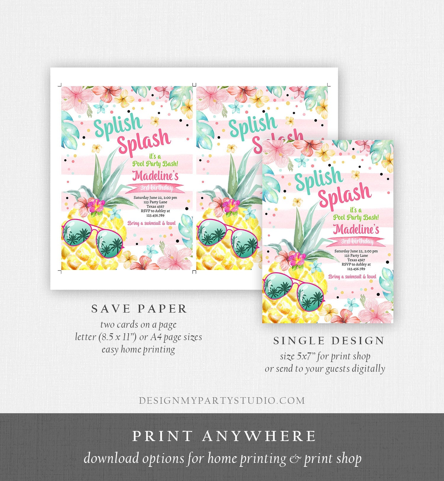 Editable Splish Splash Birthday Party Invitation Pineapple Birthday Pool Party Pineapple Pink Girl Digital Download Template Printable 0391