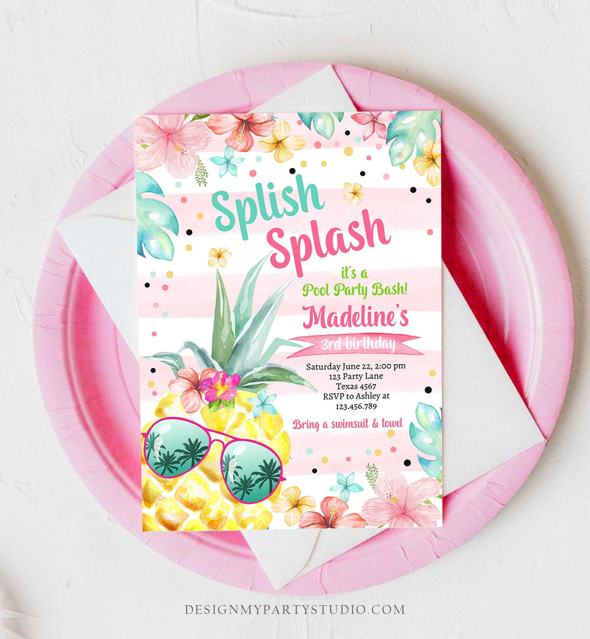 Editable Splish Splash Birthday Party Invitation Pineapple Birthday Pool Party Pineapple Pink Girl Digital Download Template Printable 0391