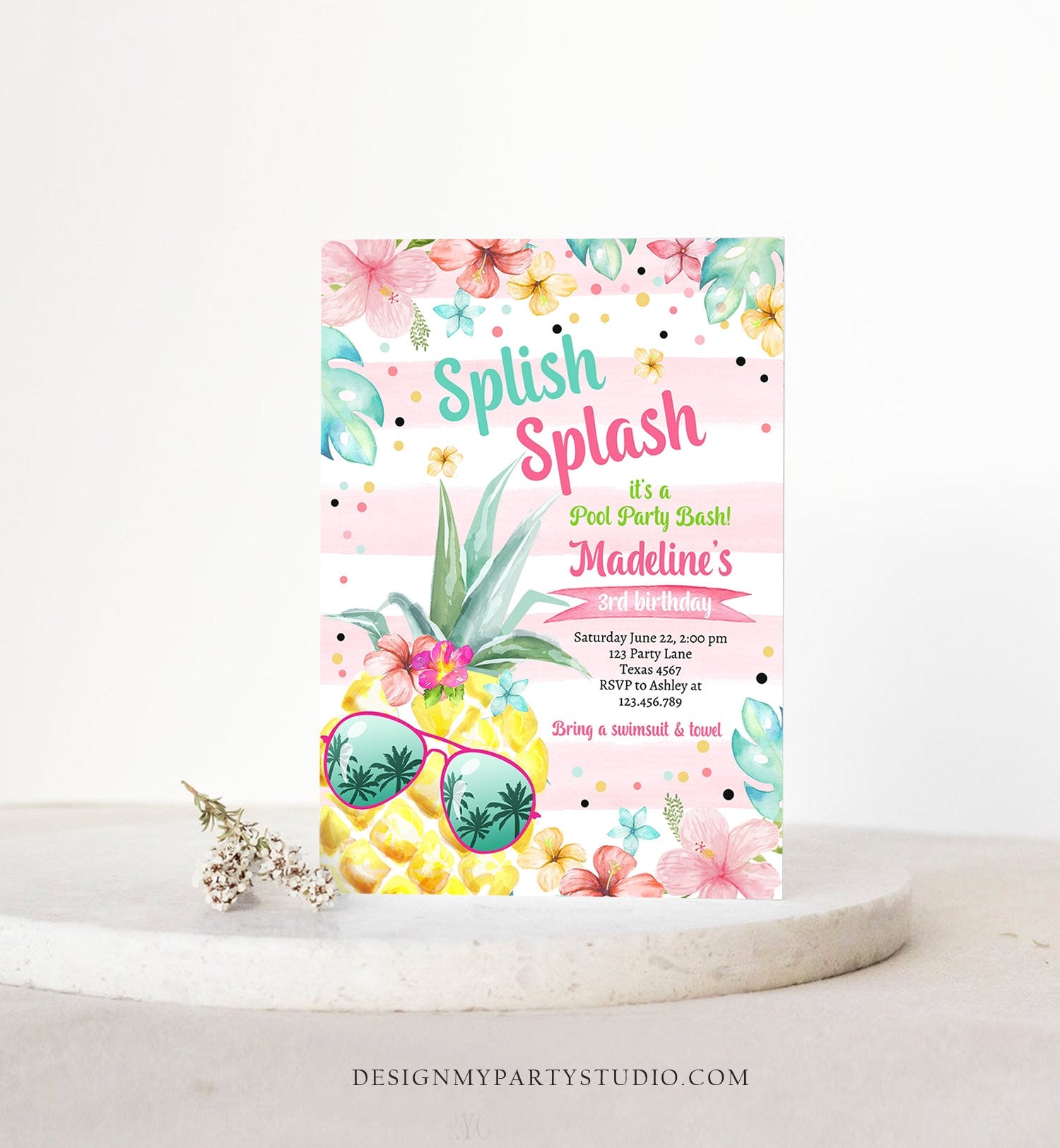 Editable Splish Splash Birthday Party Invitation Pineapple Birthday Pool Party Pineapple Pink Girl Download Corjl Template Printable 0391
