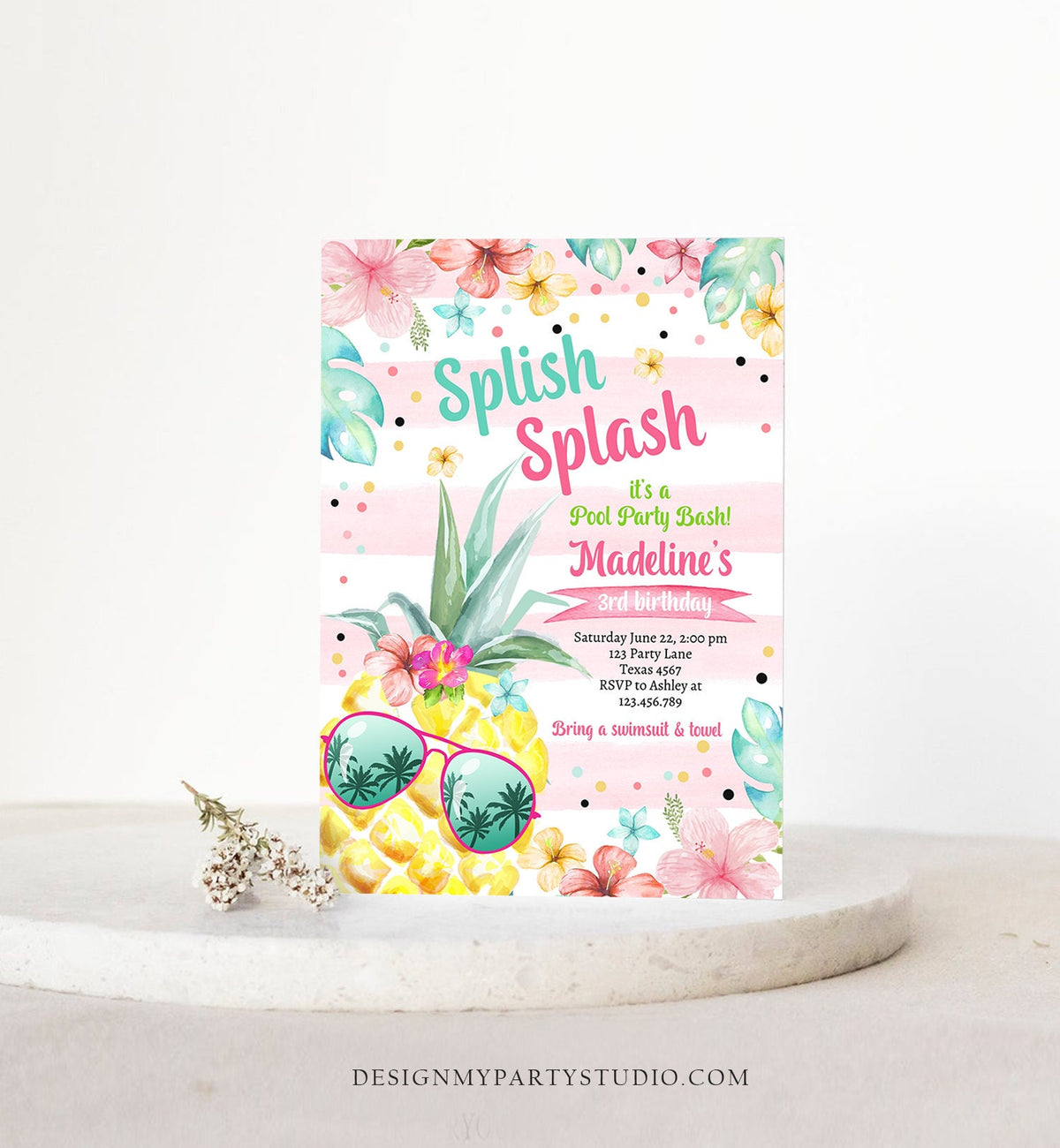 Editable Splish Splash Birthday Party Invitation Pineapple Birthday Pool Party Pineapple Pink Girl Digital Download Template Printable 0391