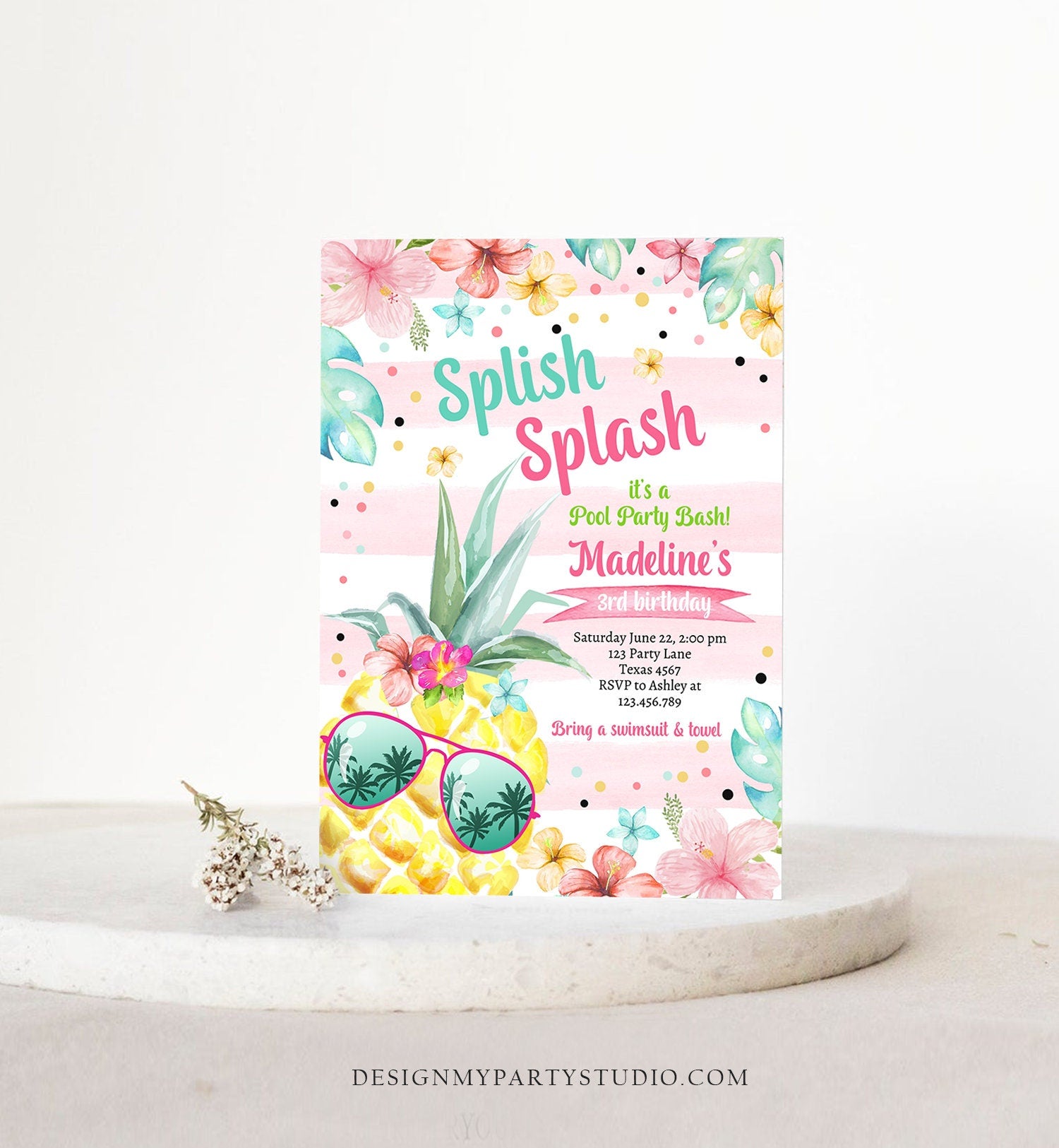 Editable Splish Splash Birthday Party Invitation Pineapple Birthday Pool Party Pineapple Pink Girl Digital Download Template Printable 0391