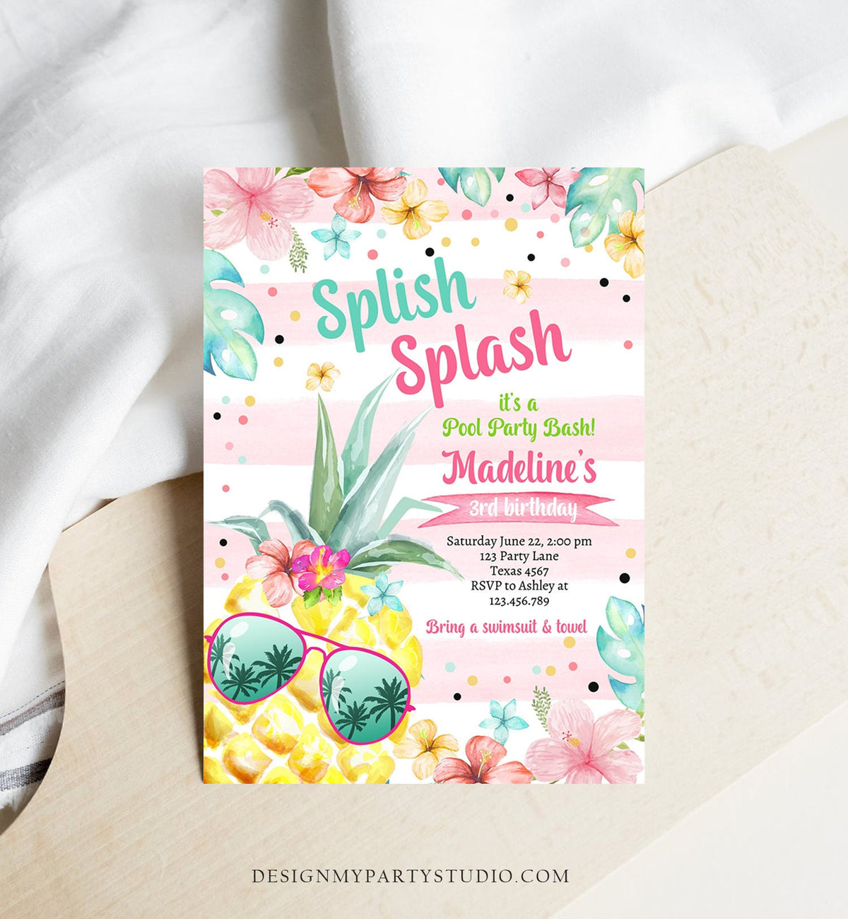 Editable Splish Splash Birthday Party Invitation Pineapple Birthday Pool Party Pineapple Pink Girl Digital Download Template Printable 0391