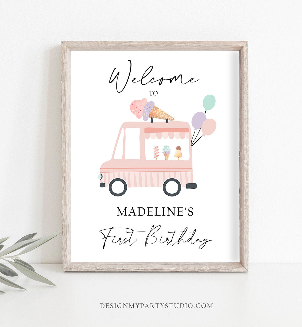 Editable Ice Cream Truck Party Welcome Sign Ice Cream Birthday Welcome Scoop Modern Girl Summer Pink Purple Template PRINTABLE Corjl 0415