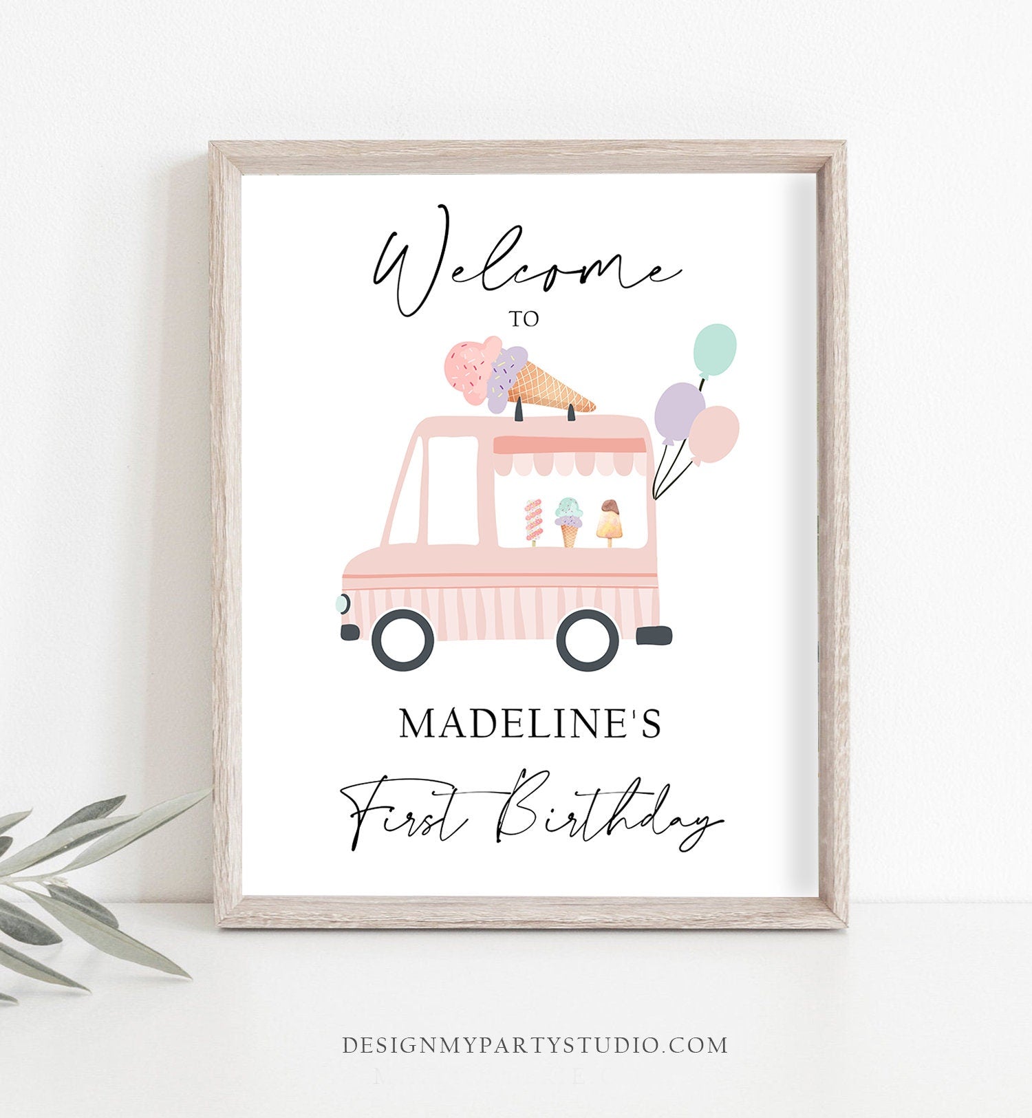 Editable Ice Cream Truck Party Welcome Sign Ice Cream Birthday Welcome Scoop Modern Girl Summer Pink Purple Template PRINTABLE Corjl 0415