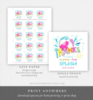 Editable Pool Party Thank You Tags Splish Splash Birthday Bash Girl Pink Favor Tag Label Round Square Sticker Corjl Template Printable 0169