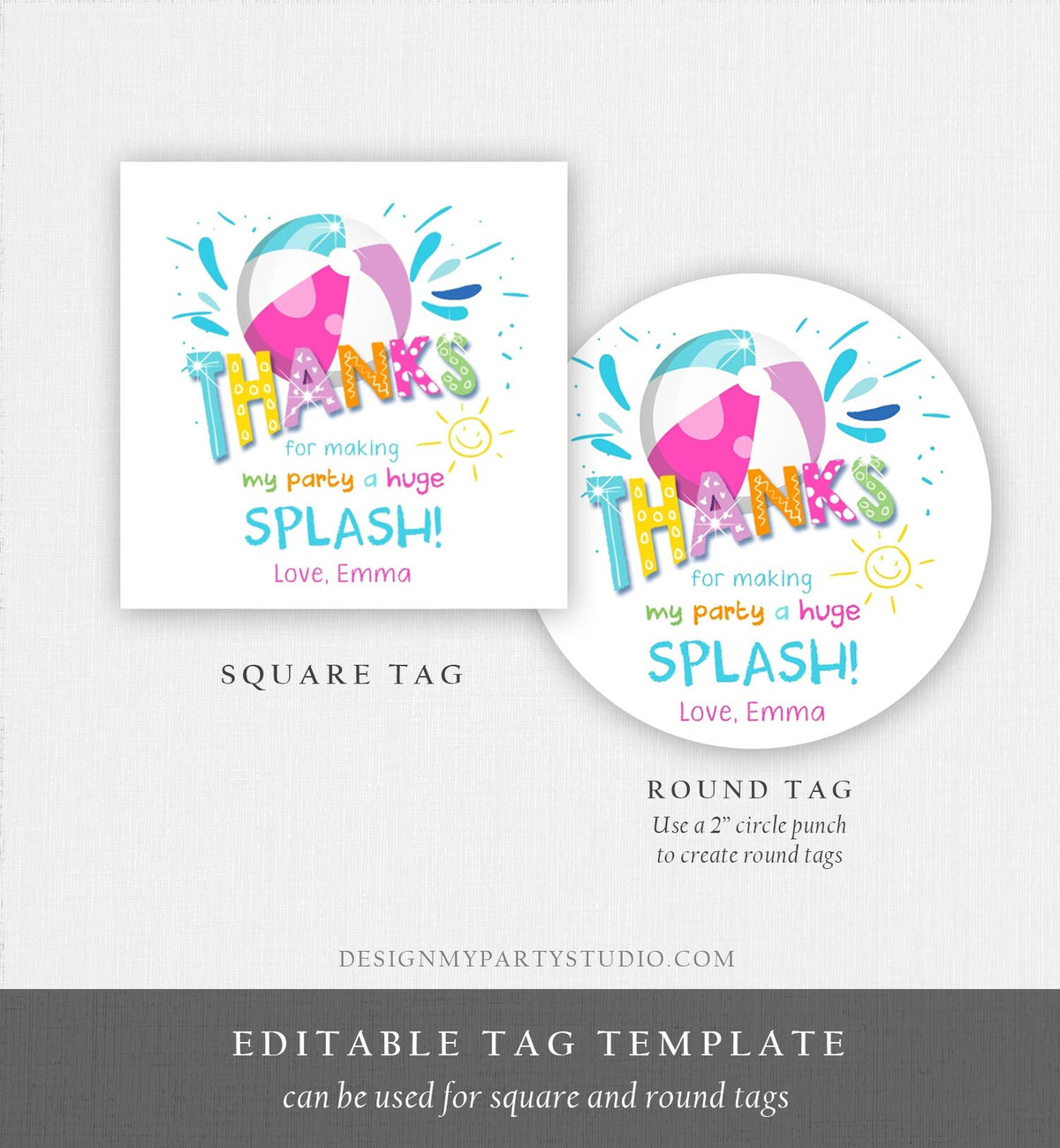 Editable Pool Party Thank You Tags Splish Splash Birthday Bash Girl Pink Favor Tag Label Round Square Sticker Corjl Template Printable 0169