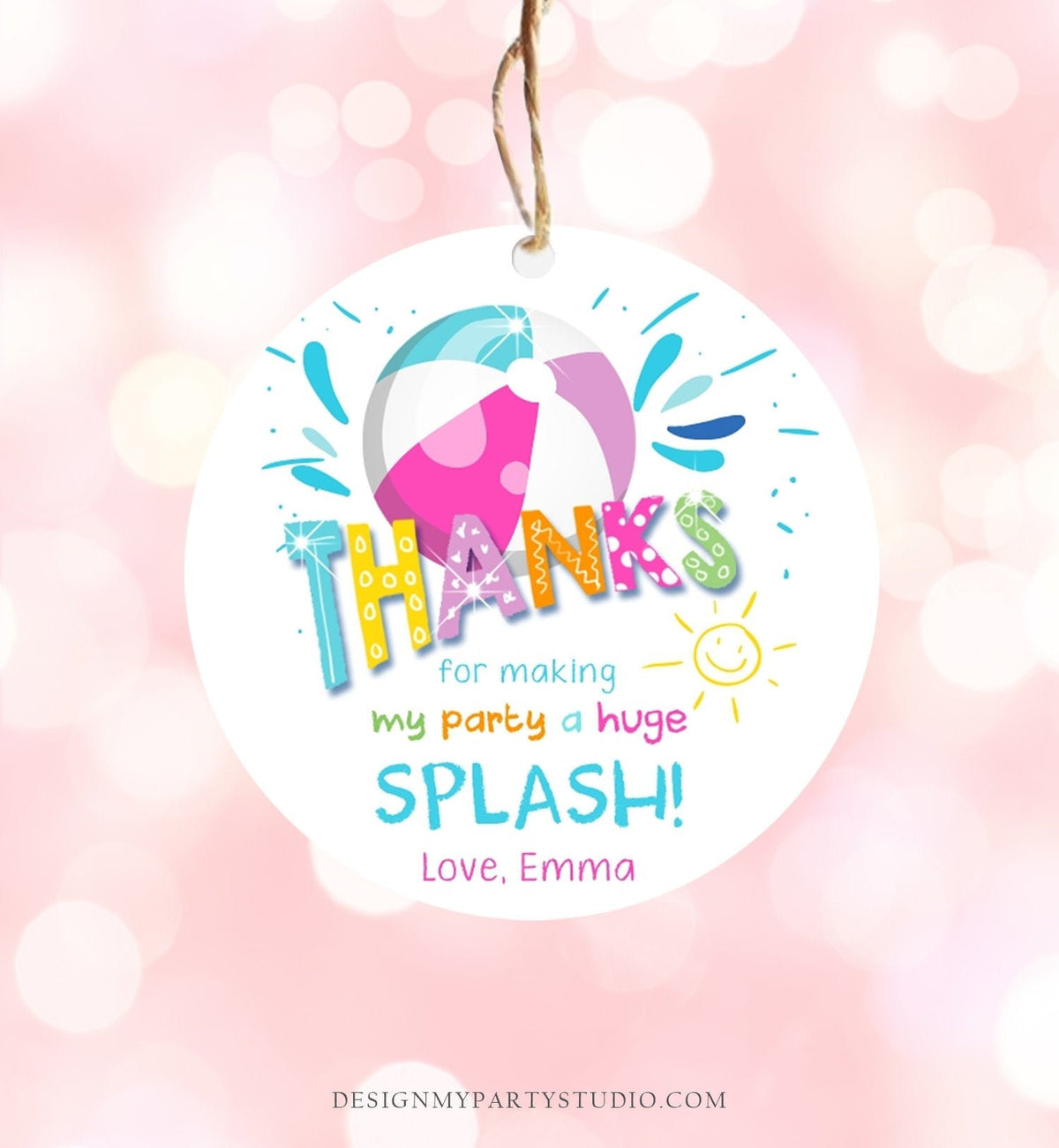 Editable Pool Party Thank You Tags Splish Splash Birthday Bash Girl Pink Favor Tag Label Round Square Sticker Corjl Template Printable 0169