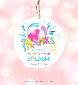 Editable Pool Party Thank You Tags Splish Splash Birthday Bash Girl Pink Favor Tag Label Round Square Sticker Corjl Template Printable 0169