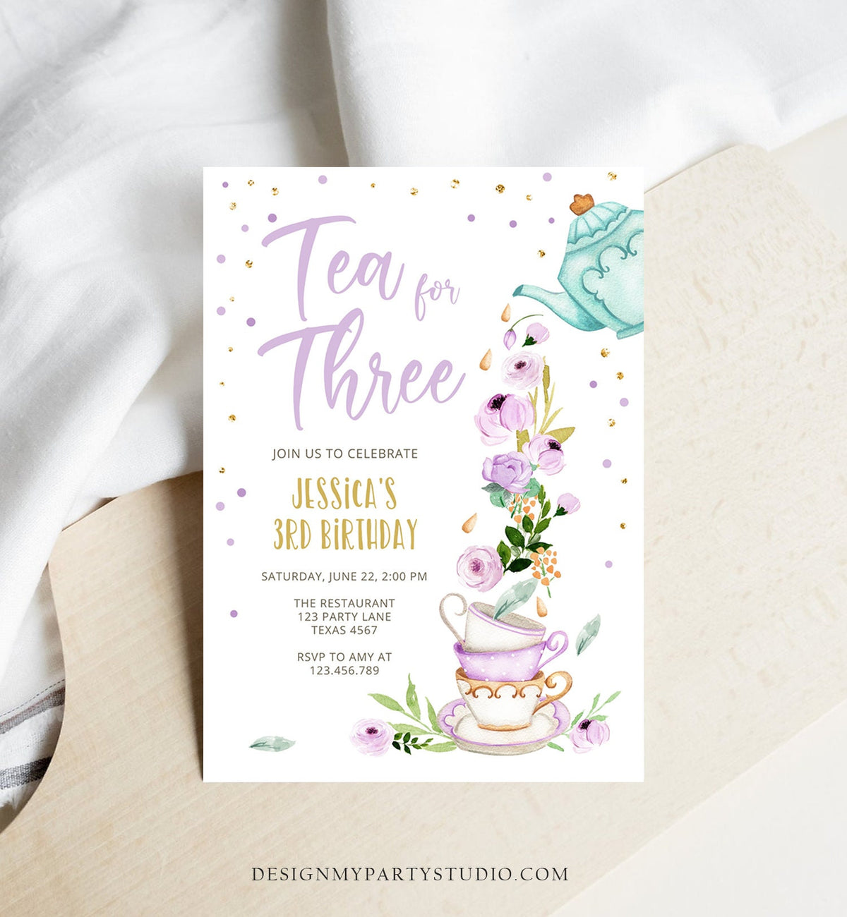 Editable Tea for Three Birthday Invitation Girl Tea Party Invite Pink Purple Floral Whimsical Digital Download Evite Template Printable 0349