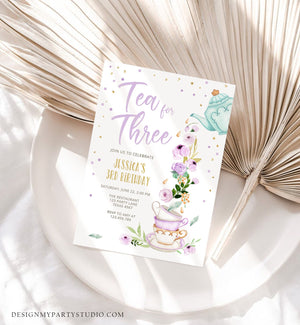 Editable Tea for Three Birthday Invitation Girl Tea Party Invite Pink Purple Floral Whimsical Download Printable Template Corjl Digital 0349
