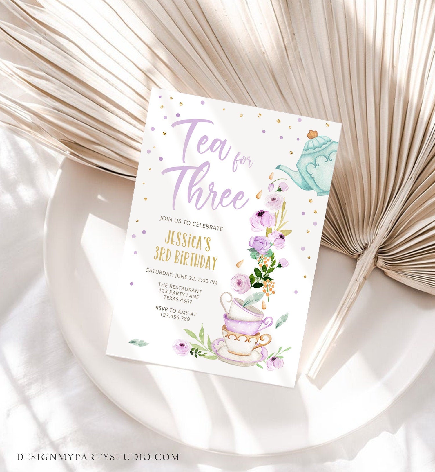 Editable Tea for Three Birthday Invitation Girl Tea Party Invite Pink Purple Floral Whimsical Digital Download Evite Template Printable 0349