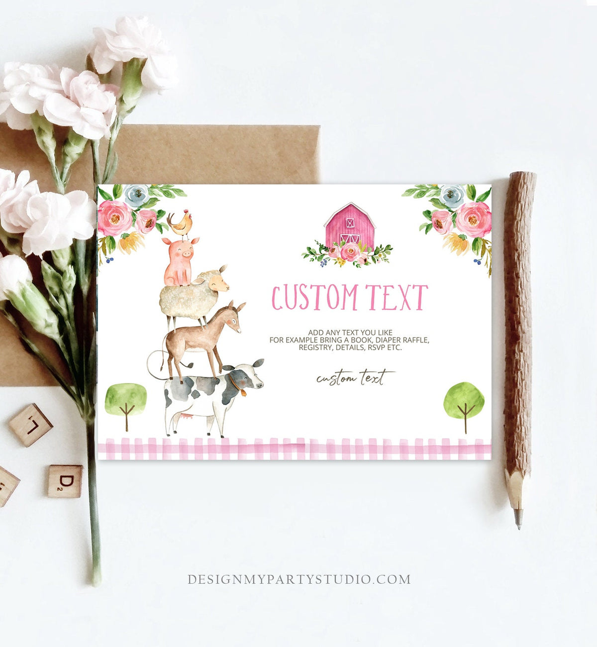 Editable Note Card Farm Birthday Girl Farm Animals Insert Card Barnyard Baby Shower Enclosure Card Digital Download Template Printable 0155