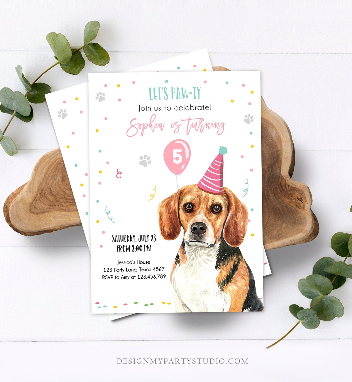 Editable Dog Birthday Party Invitation Beagle Birthday Invite Pink Girl Come Sit Stay Party Animal Digital Download Template Printable 0384