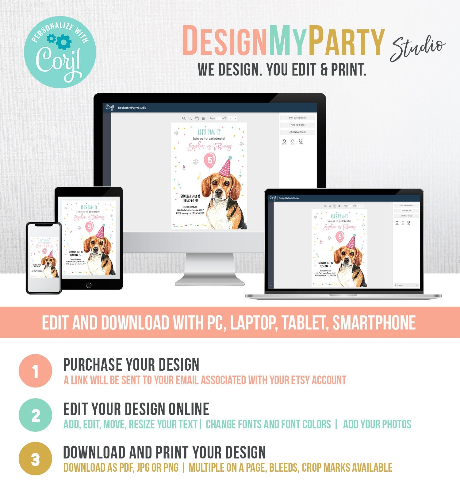 Editable Dog Birthday Party Invitation Beagle Birthday Invite Pink Girl Come Sit Stay Party Animal Digital Download Template Printable 0384